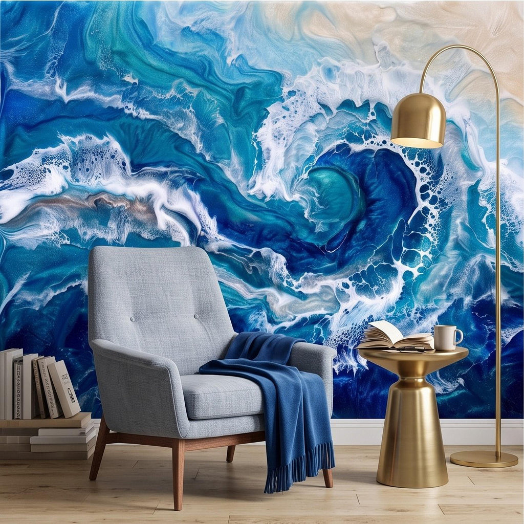 Ocean Wave Peel and Stick Wall Mural, Abstract Resin Seascape, Turquoise Coastal Water, Foaming Sea Waves Wallpaper