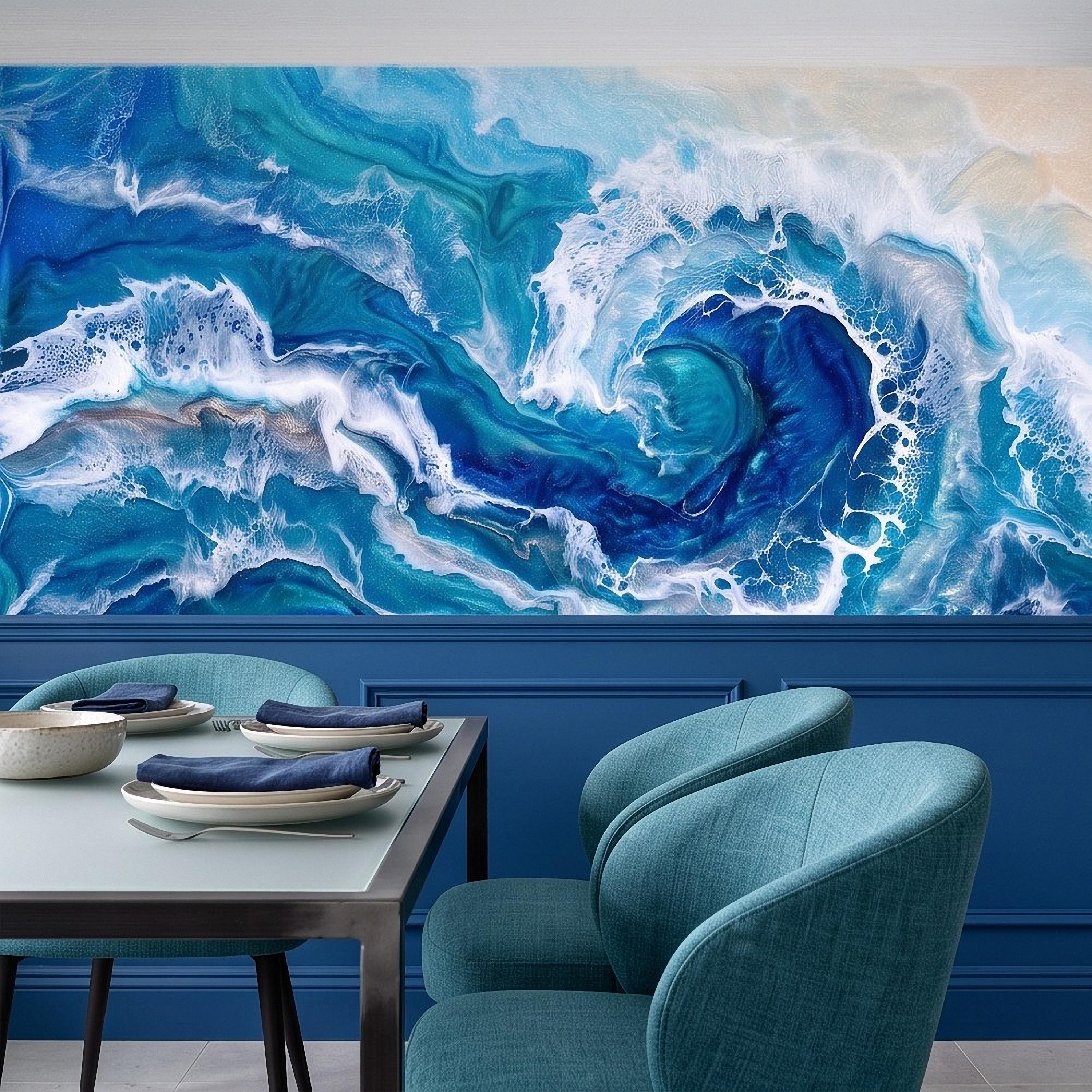 Ocean Wave Peel and Stick Wall Mural, Abstract Resin Seascape, Turquoise Coastal Water, Foaming Sea Waves Wallpaper