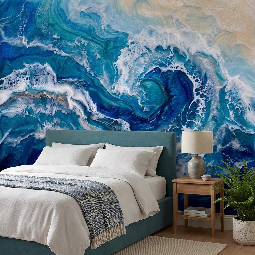 Ocean Wave Peel and Stick Wall Mural, Abstract Resin Seascape, Turquoise Coastal Water, Foaming Sea Waves Wallpaper