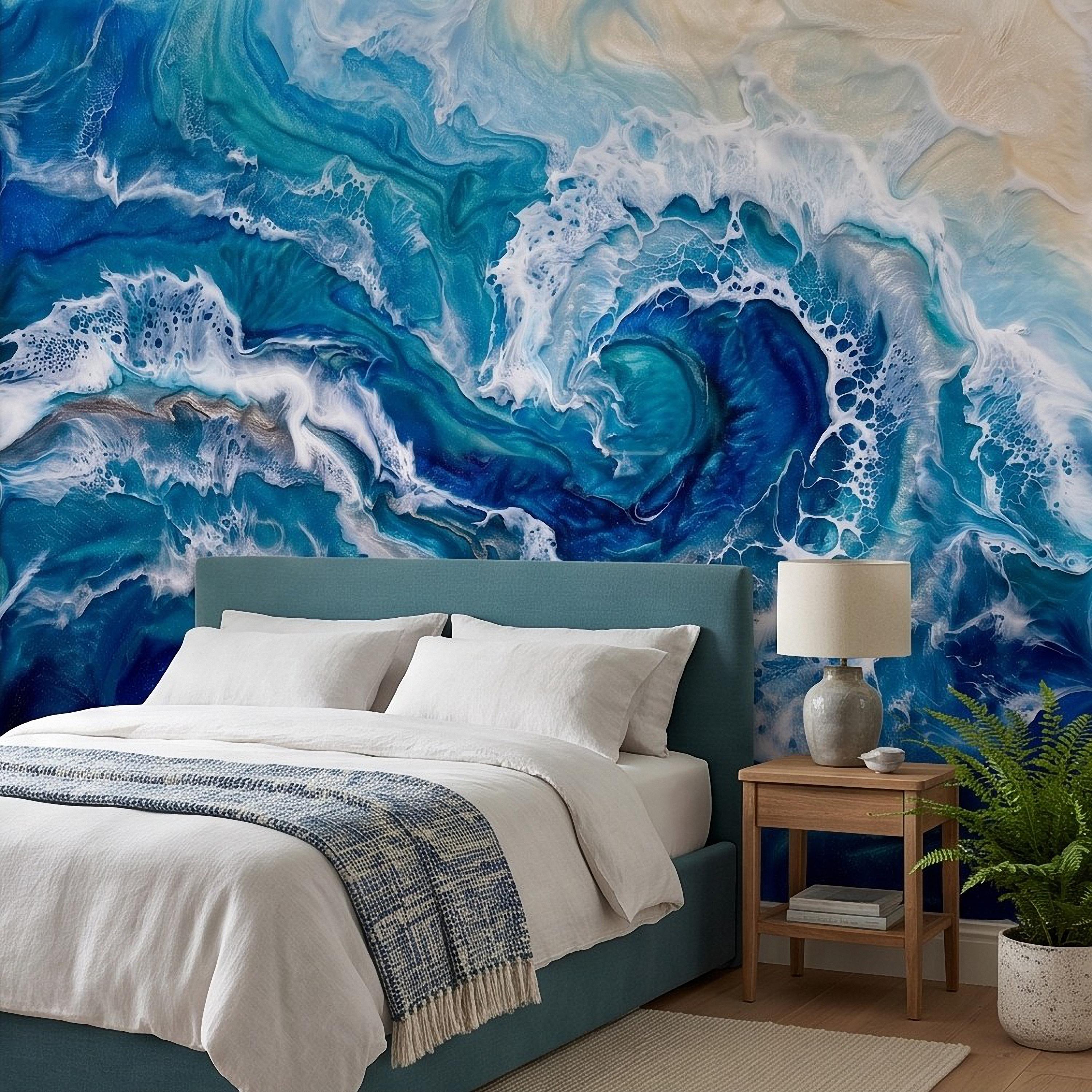 Ocean Wave Peel and Stick Wall Mural, Abstract Resin Seascape, Turquoise Coastal Water, Foaming Sea Waves Wallpaper