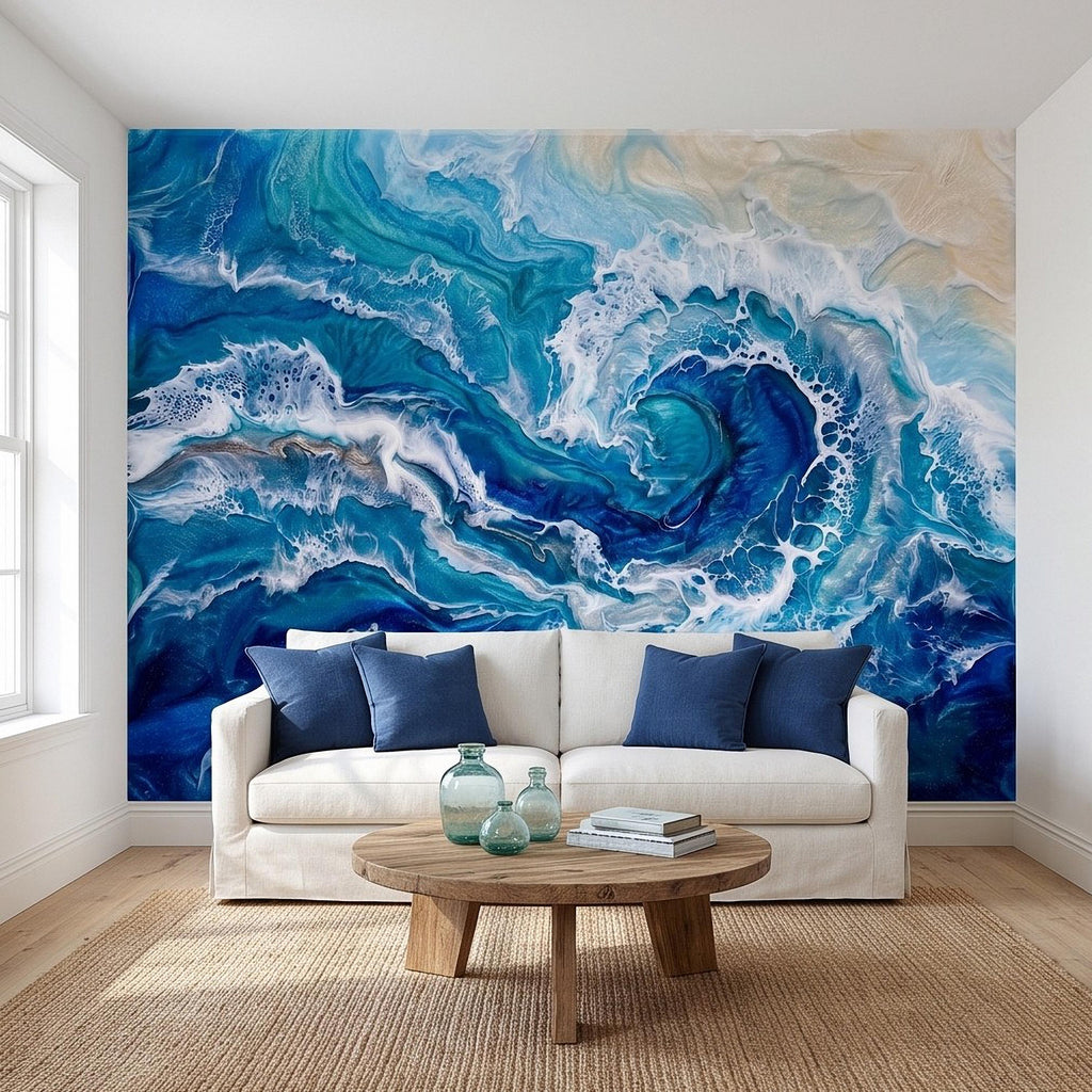 Ocean Wave Peel and Stick Wall Mural, Abstract Resin Seascape, Turquoise Coastal Water, Foaming Sea Waves Wallpaper