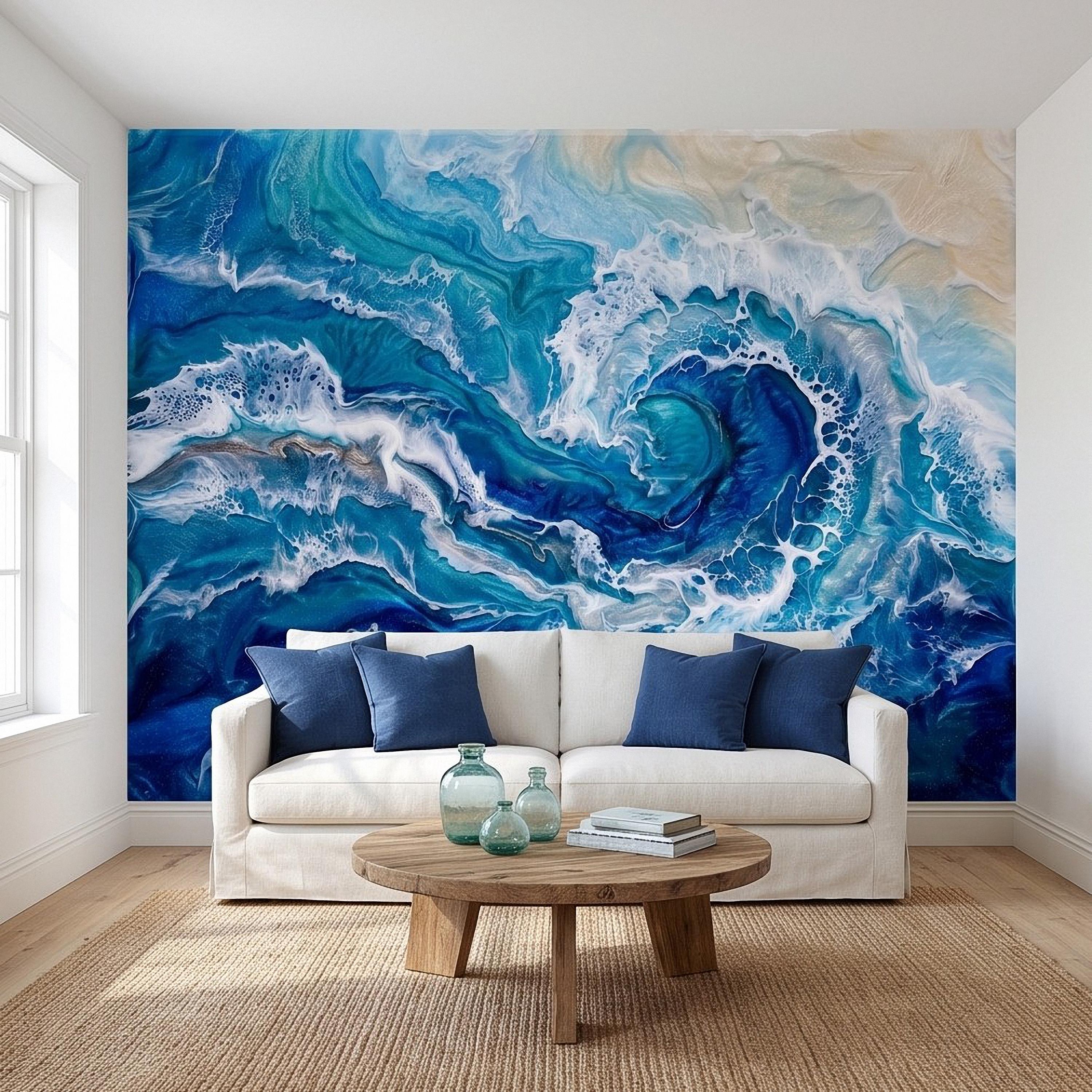 Ocean Wave Peel and Stick Wall Mural, Abstract Resin Seascape, Turquoise Coastal Water, Foaming Sea Waves Wallpaper