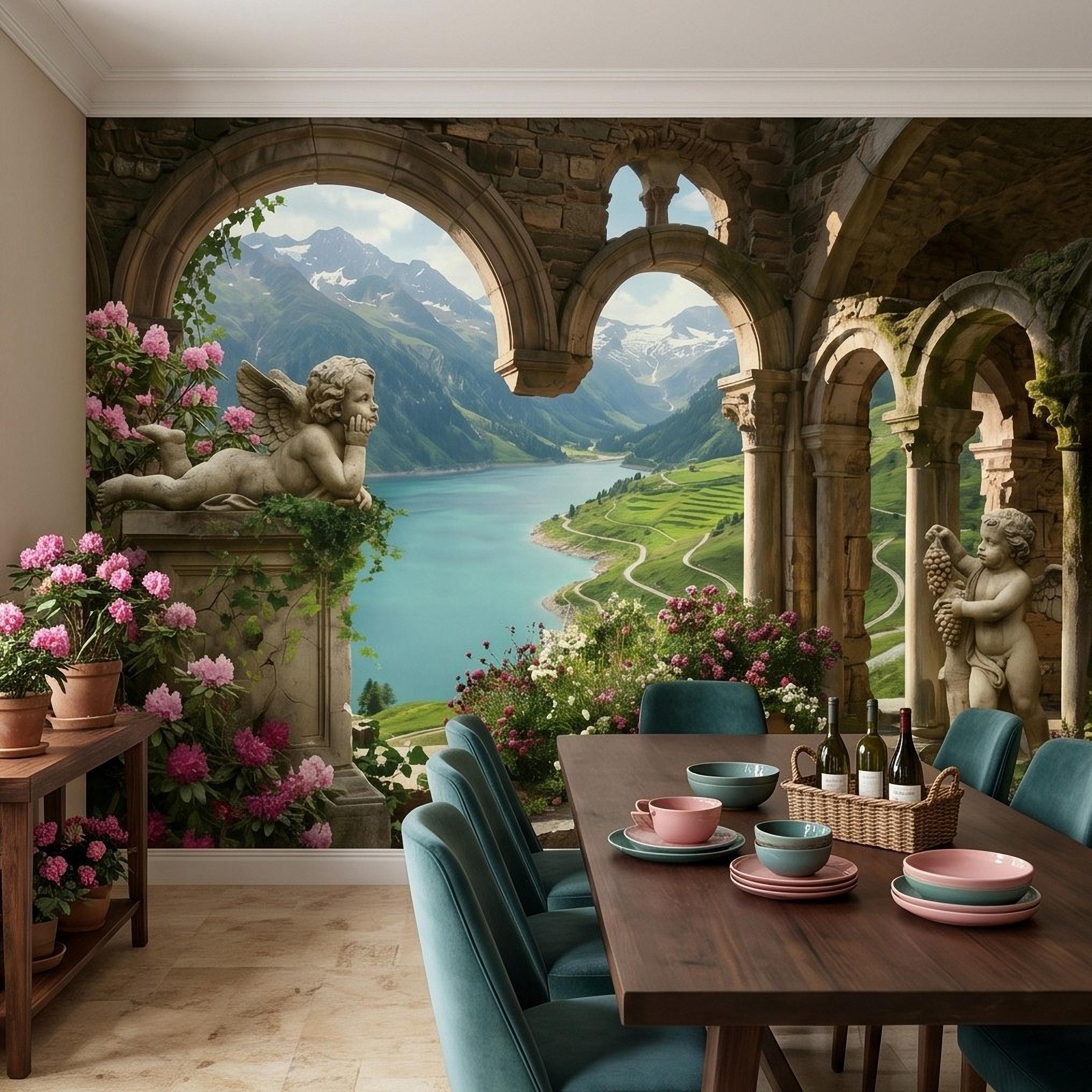Ancient Stone Arch Peel and Stick Wall Mural, Alpine Lake Landscape Romantic Garden Ruins, Cherub Statue Scenic View Wallpaper