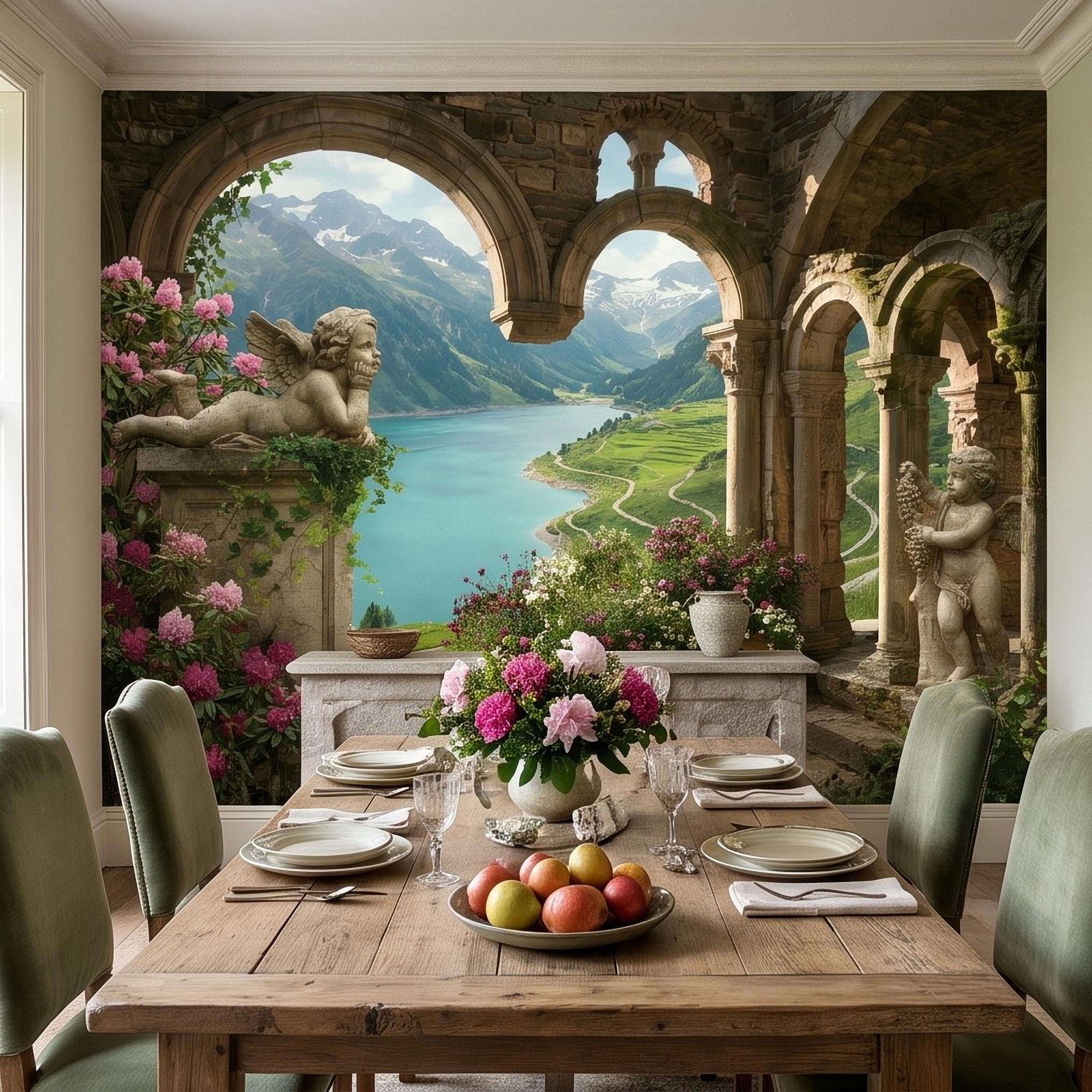 Ancient Stone Arch Peel and Stick Wall Mural, Alpine Lake Landscape Romantic Garden Ruins, Cherub Statue Scenic View Wallpaper