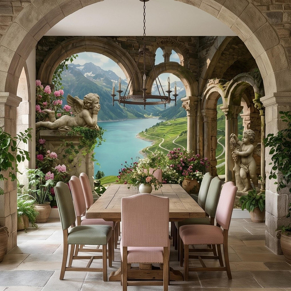 Ancient Stone Arch Peel and Stick Wall Mural, Alpine Lake Landscape Romantic Garden Ruins, Cherub Statue Scenic View Wallpaper