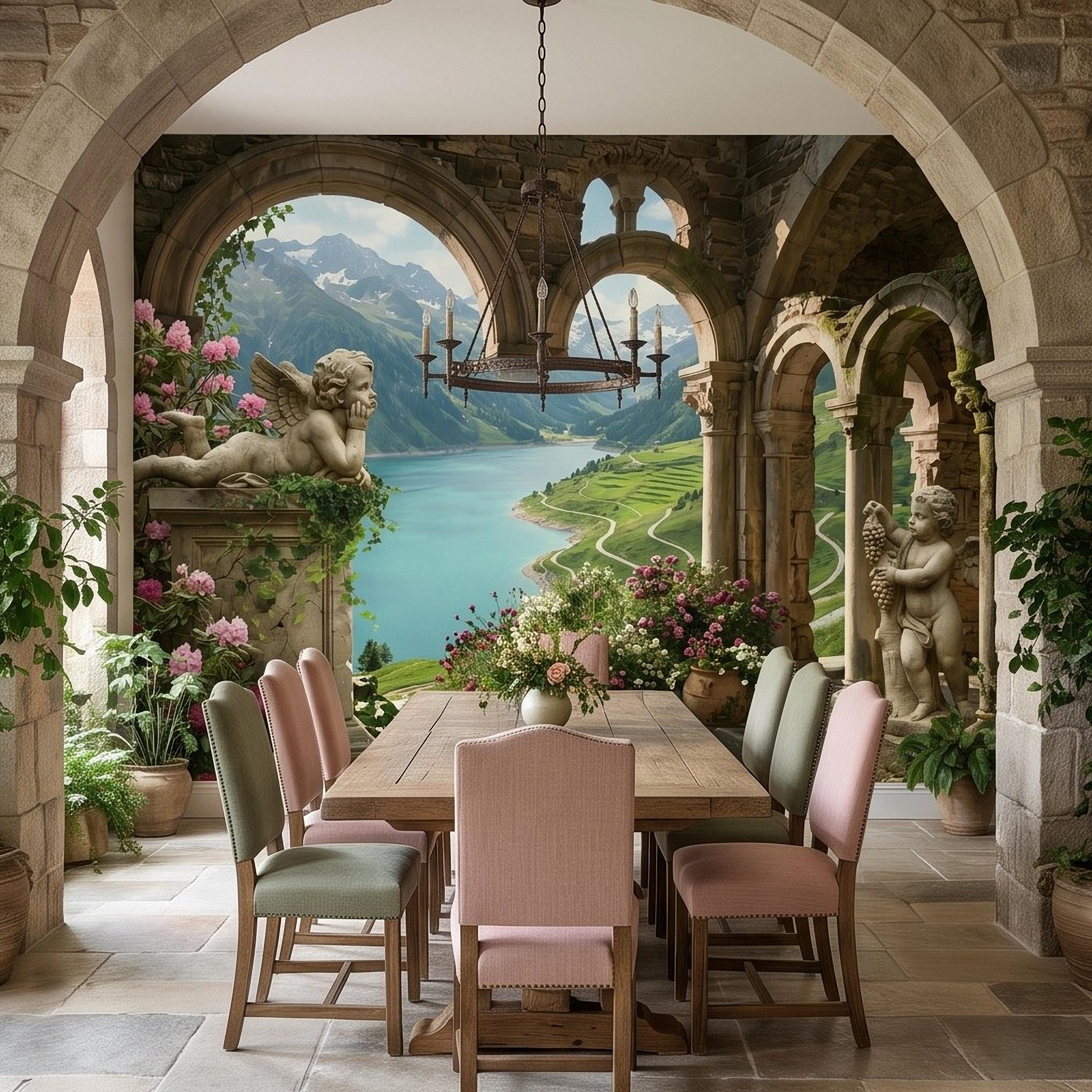 Ancient Stone Arch Peel and Stick Wall Mural, Alpine Lake Landscape Romantic Garden Ruins, Cherub Statue Scenic View Wallpaper