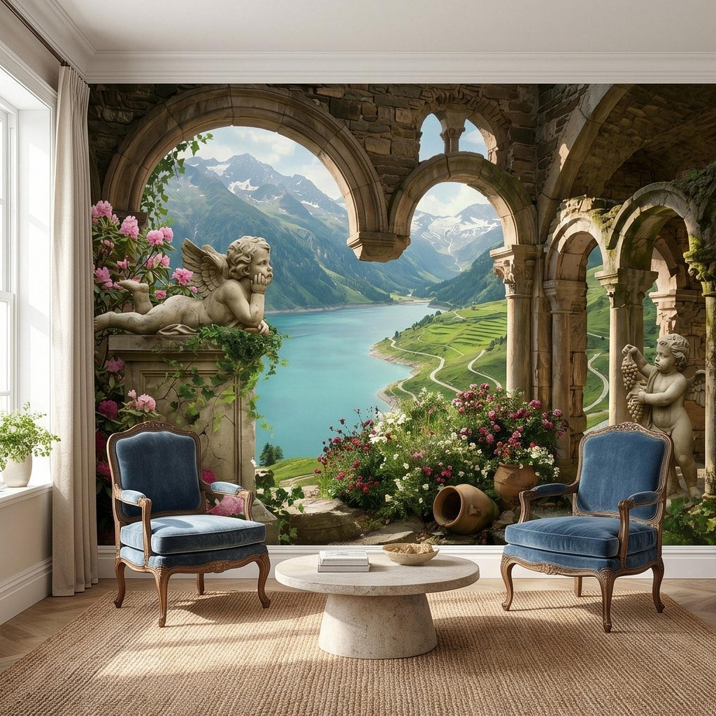 Ancient Stone Arch Peel and Stick Wall Mural, Alpine Lake Landscape Romantic Garden Ruins, Cherub Statue Scenic View Wallpaper