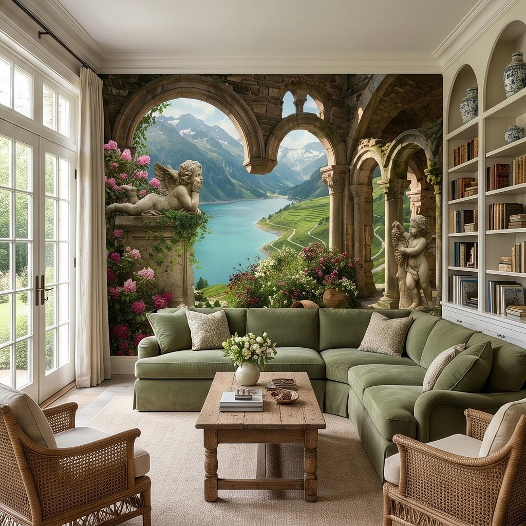 Ancient Stone Arch Peel and Stick Wall Mural, Alpine Lake Landscape Romantic Garden Ruins, Cherub Statue Scenic View Wallpaper