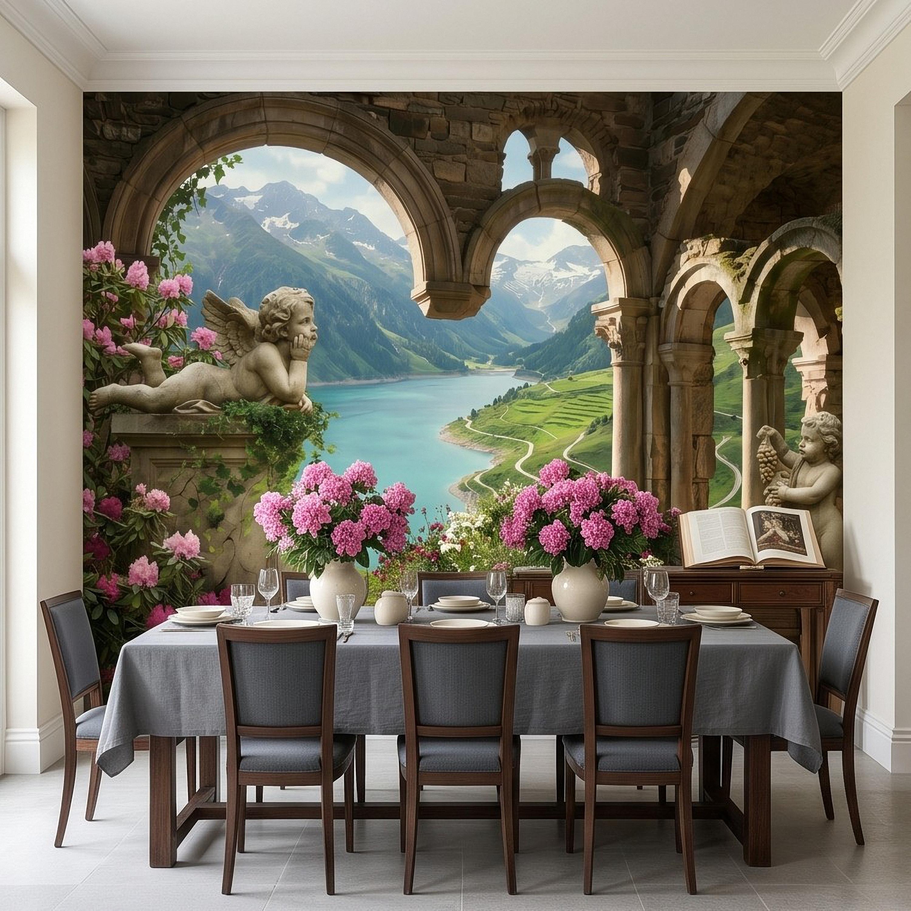 Ancient Stone Arch Peel and Stick Wall Mural, Alpine Lake Landscape Romantic Garden Ruins, Cherub Statue Scenic View Wallpaper