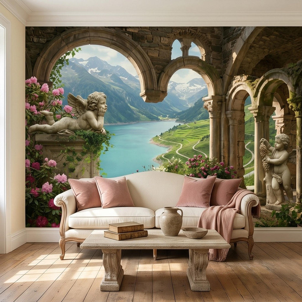 Ancient Stone Arch Peel and Stick Wall Mural, Alpine Lake Landscape Romantic Garden Ruins, Cherub Statue Scenic View Wallpaper