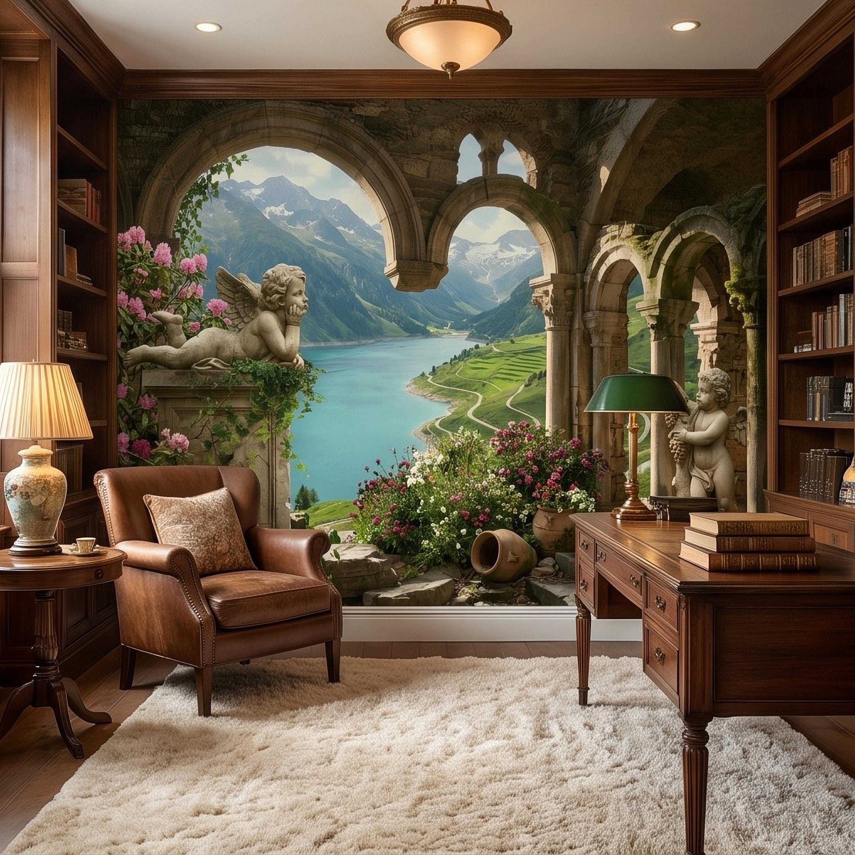 Ancient Stone Arch Peel and Stick Wall Mural, Alpine Lake Landscape Romantic Garden Ruins, Cherub Statue Scenic View Wallpaper