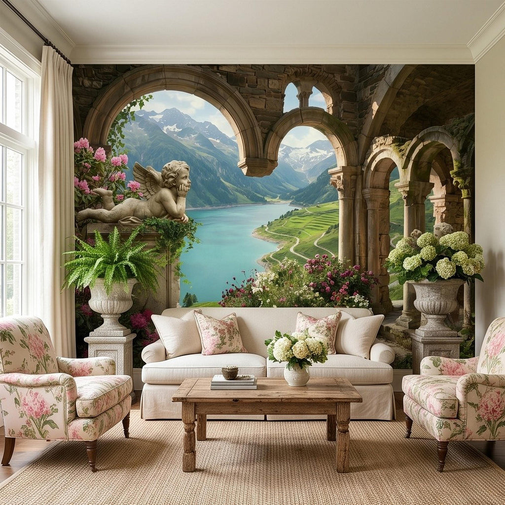 Ancient Stone Arch Peel and Stick Wall Mural, Alpine Lake Landscape Romantic Garden Ruins, Cherub Statue Scenic View Wallpaper