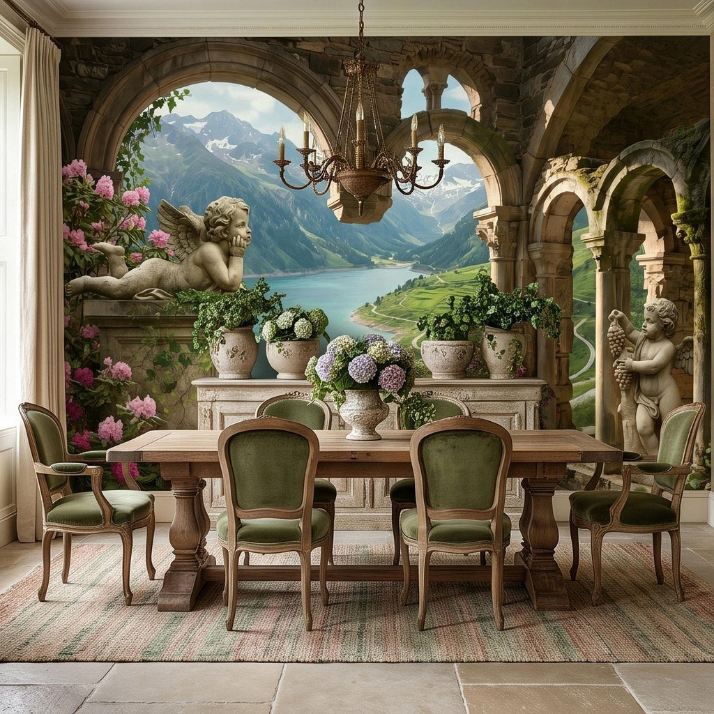 Ancient Stone Arch Peel and Stick Wall Mural, Alpine Lake Landscape Romantic Garden Ruins, Cherub Statue Scenic View Wallpaper