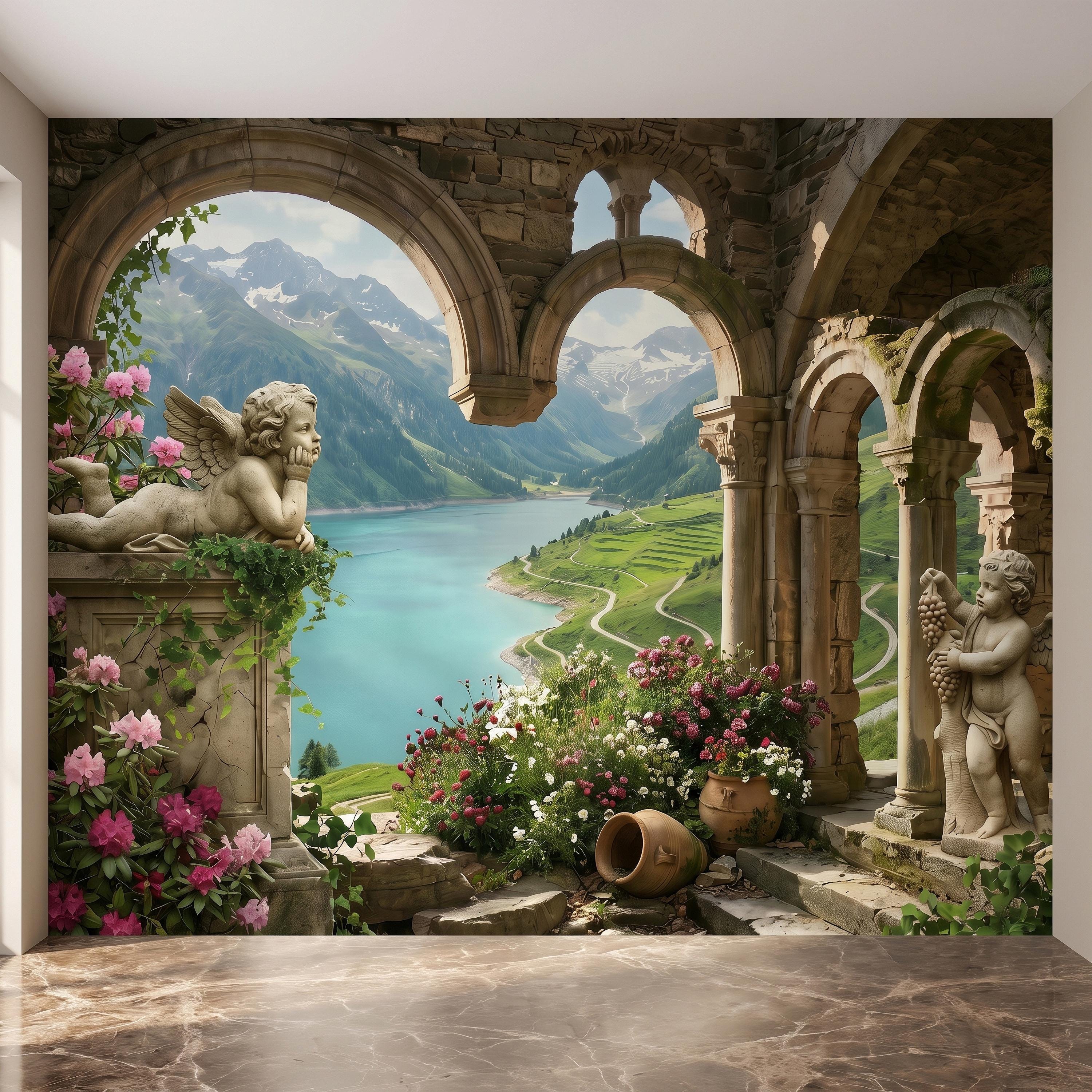 Ancient Stone Arch Peel and Stick Wall Mural, Alpine Lake Landscape Romantic Garden Ruins, Cherub Statue Scenic View Wallpaper