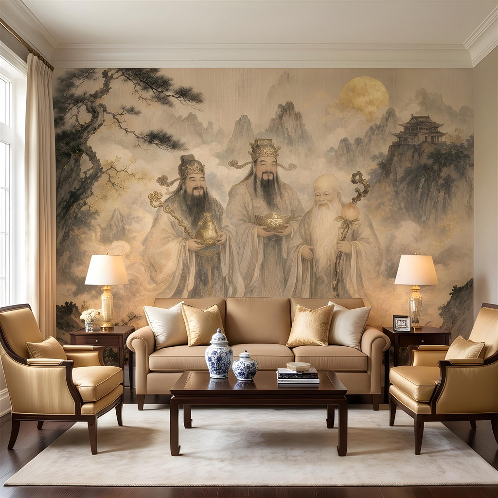 Fu Lu Shou Peel and Stick Wall Mural, Chinese Three Star Gods, Sanxing Traditional Landscape, Oriental Ink Painting Wallpaper