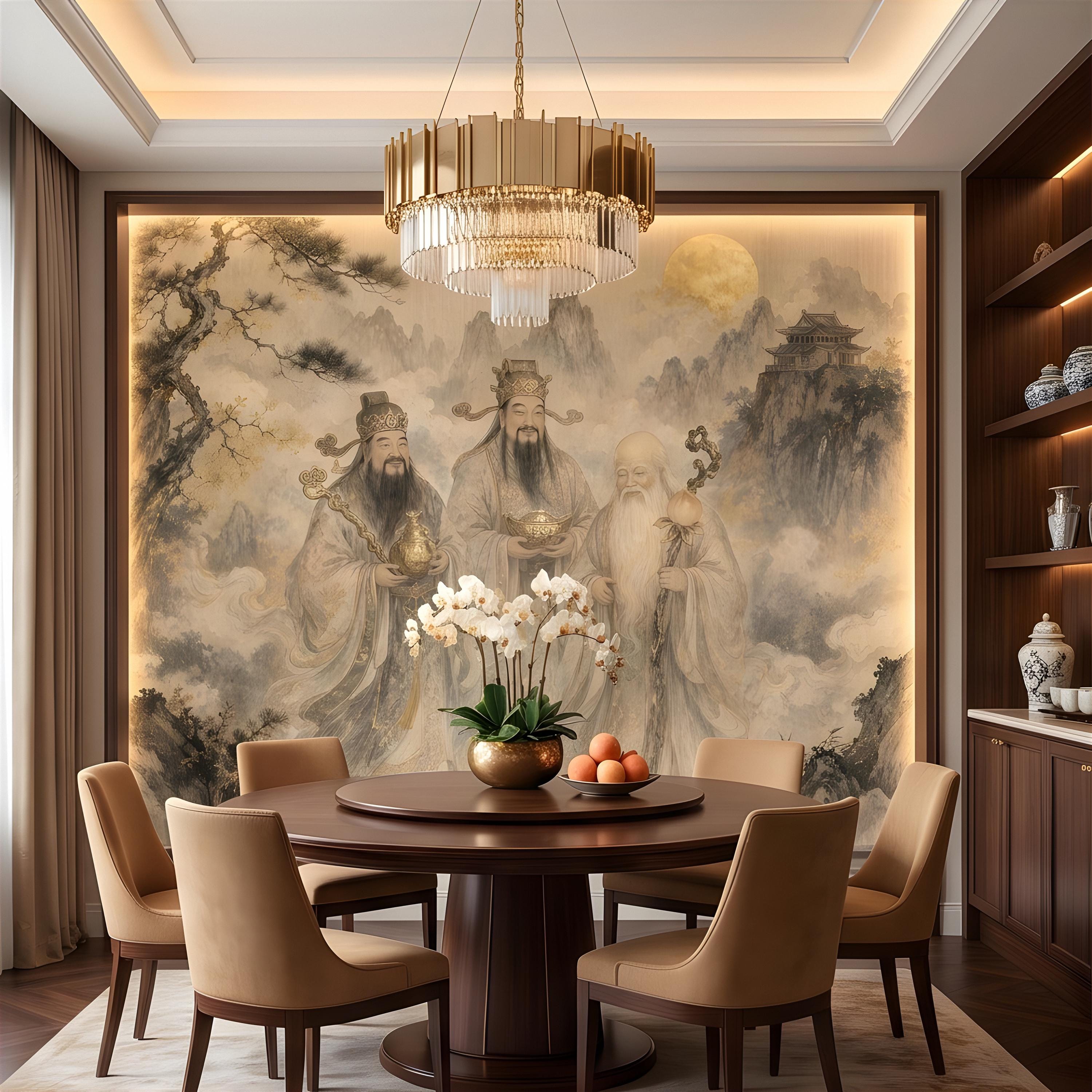 Fu Lu Shou Peel and Stick Wall Mural, Chinese Three Star Gods, Sanxing Traditional Landscape, Oriental Ink Painting Wallpaper