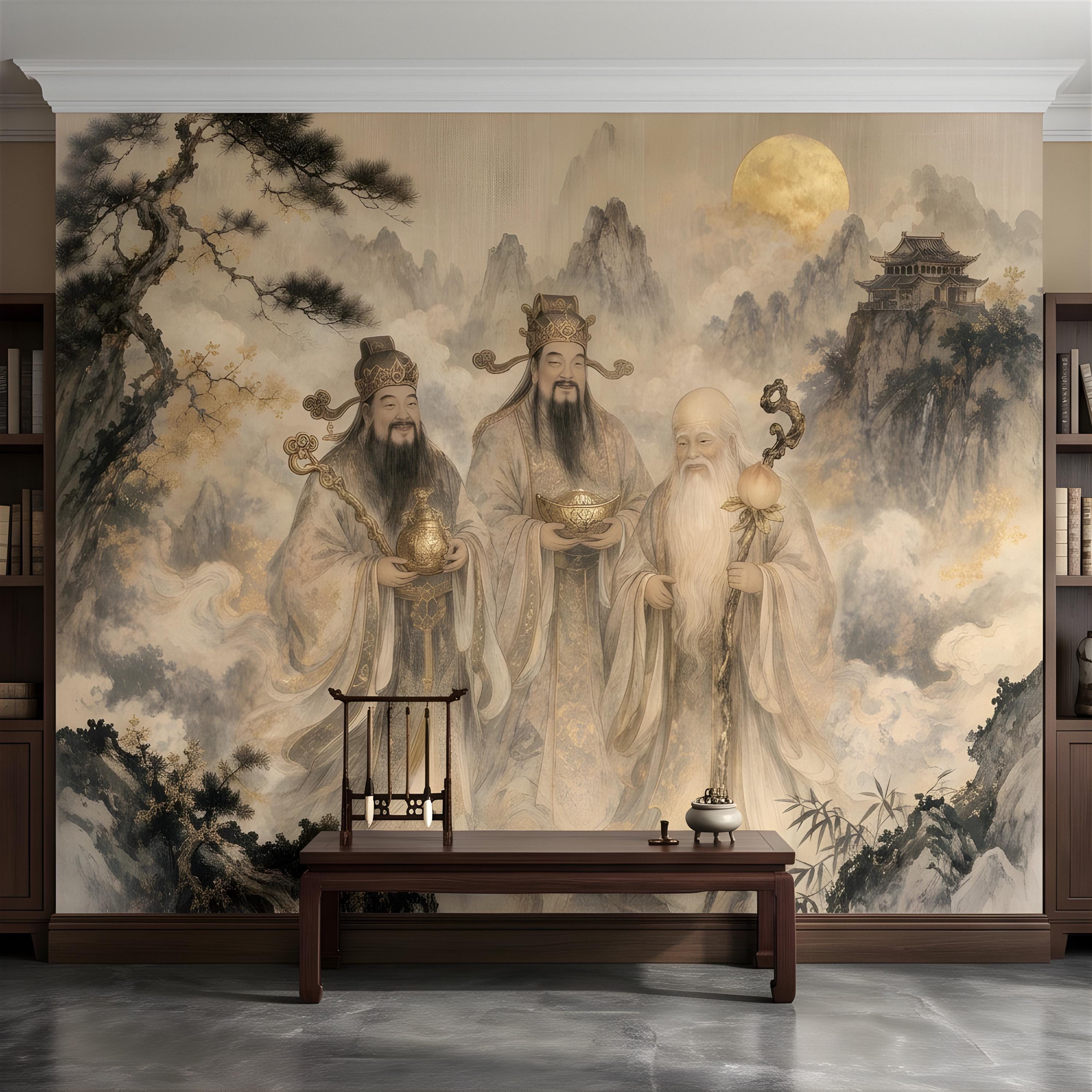 Fu Lu Shou Peel and Stick Wall Mural, Chinese Three Star Gods, Sanxing Traditional Landscape, Oriental Ink Painting Wallpaper