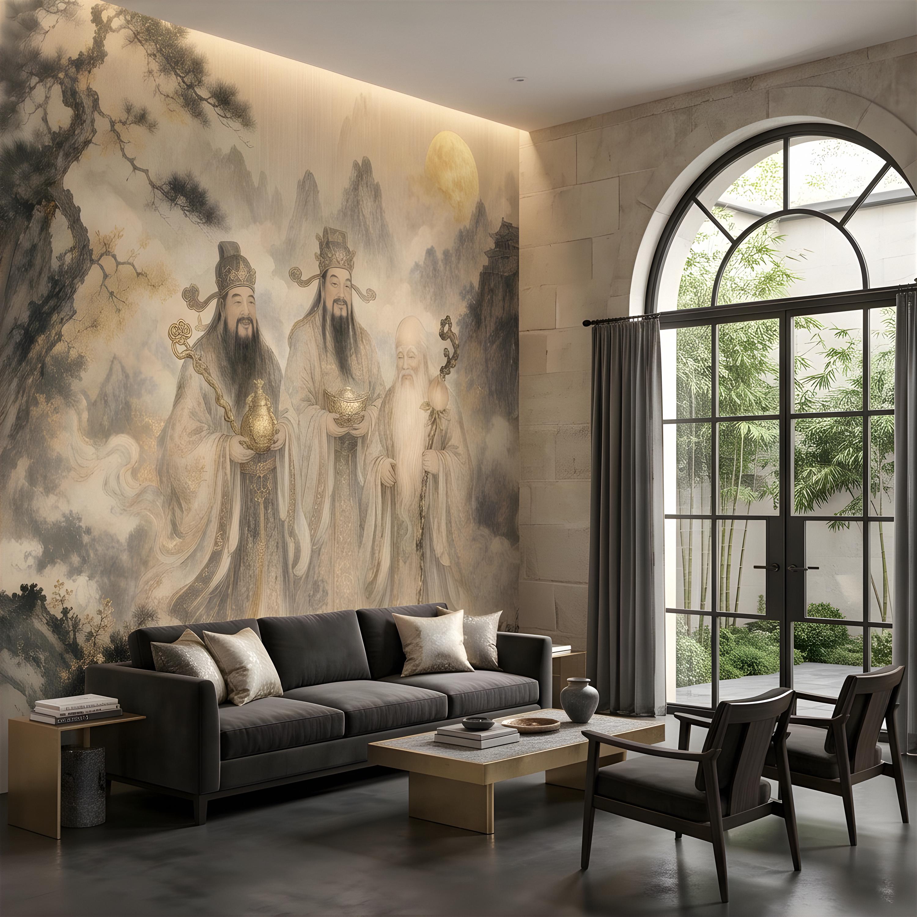 Fu Lu Shou Peel and Stick Wall Mural, Chinese Three Star Gods, Sanxing Traditional Landscape, Oriental Ink Painting Wallpaper