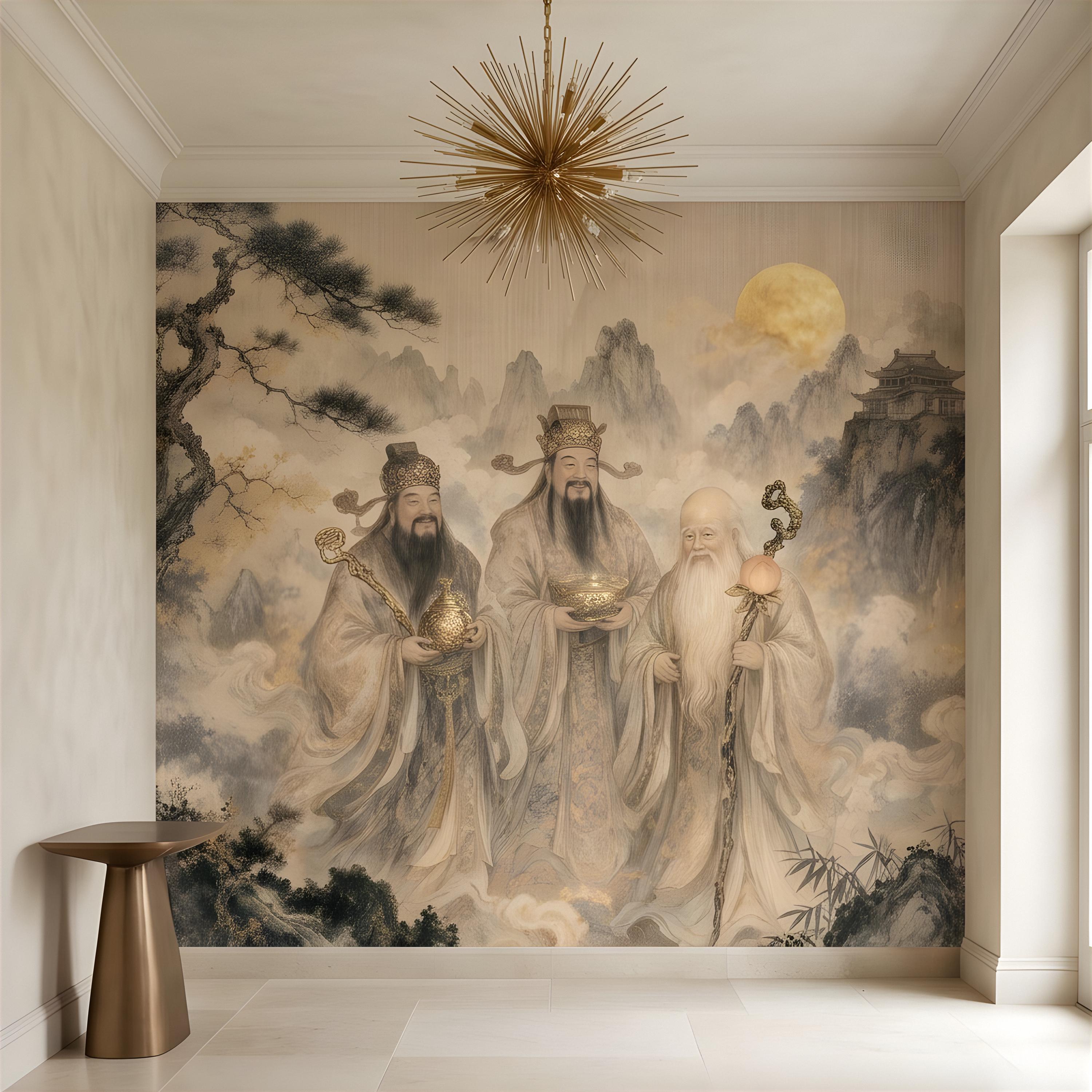 Fu Lu Shou Peel and Stick Wall Mural, Chinese Three Star Gods, Sanxing Traditional Landscape, Oriental Ink Painting Wallpaper