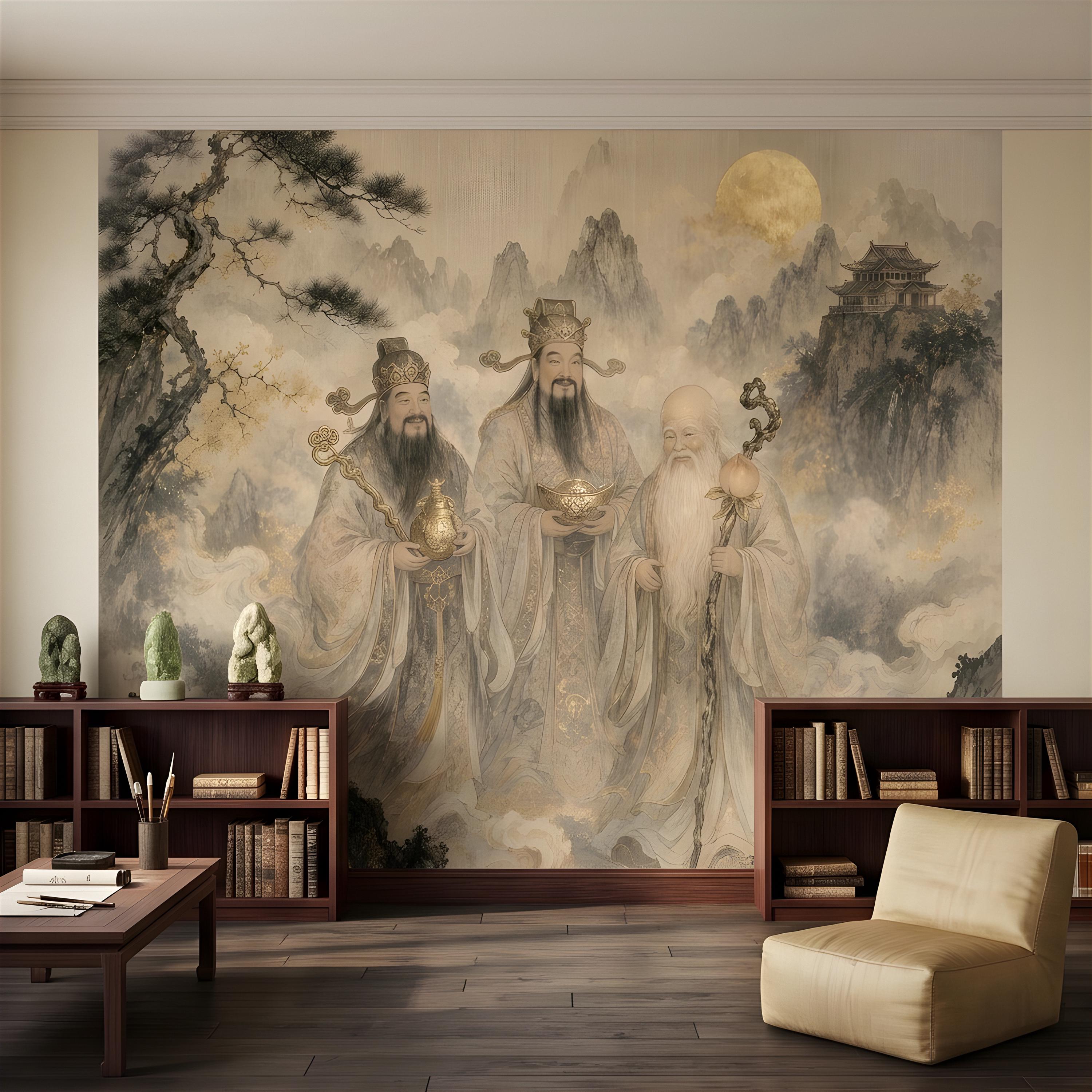 Fu Lu Shou Peel and Stick Wall Mural, Chinese Three Star Gods, Sanxing Traditional Landscape, Oriental Ink Painting Wallpaper