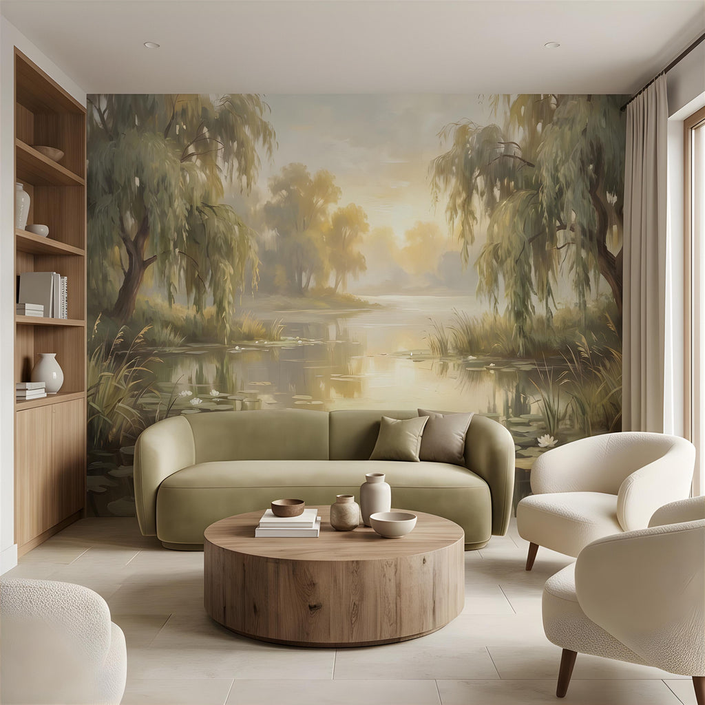 Willow Tree Landscape Peel and Stick Wall Mural, Tranquil Pond with Water Lilies, Impressionist Nature Painting Wallpaper