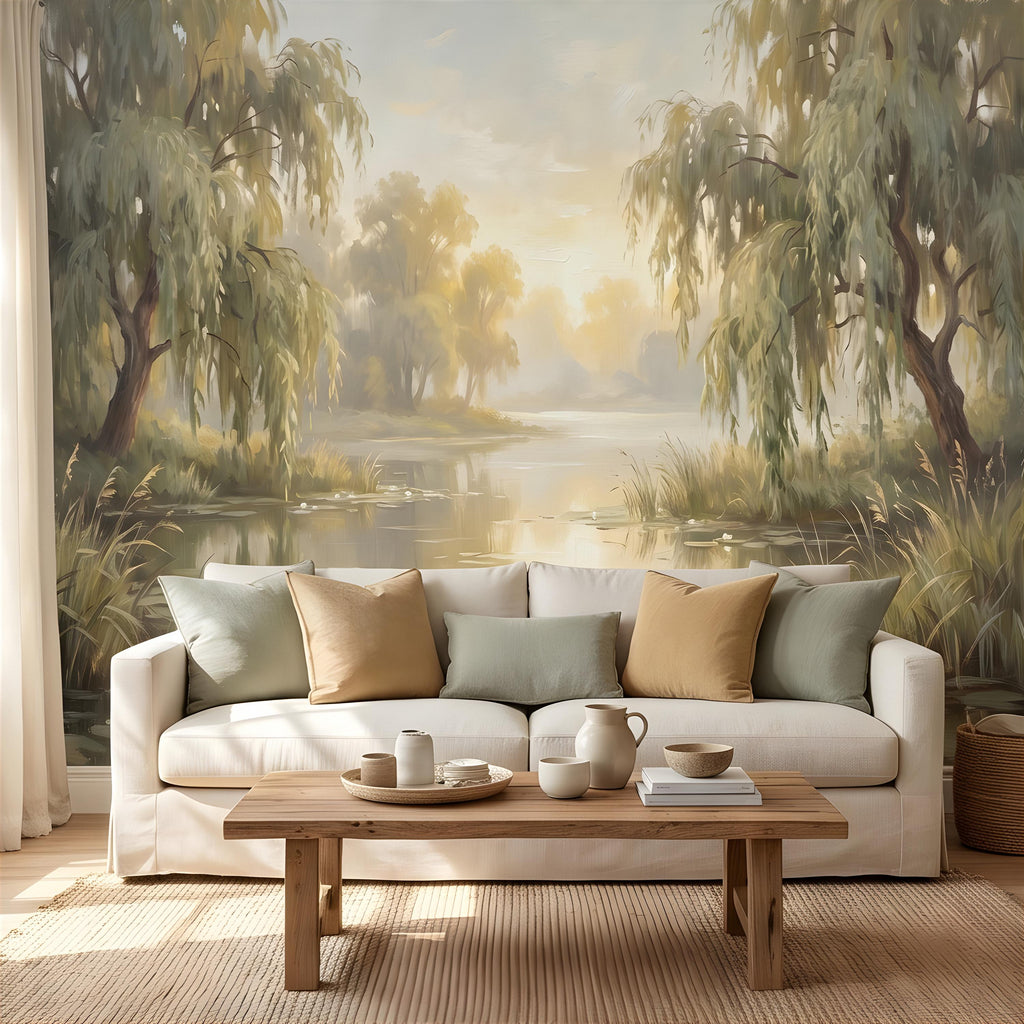 Willow Tree Landscape Peel and Stick Wall Mural, Tranquil Pond with Water Lilies, Impressionist Nature Painting Wallpaper