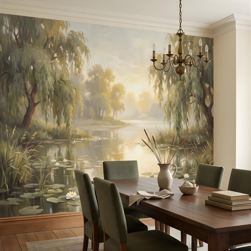 Willow Tree Landscape Peel and Stick Wall Mural, Tranquil Pond with Water Lilies, Impressionist Nature Painting Wallpaper