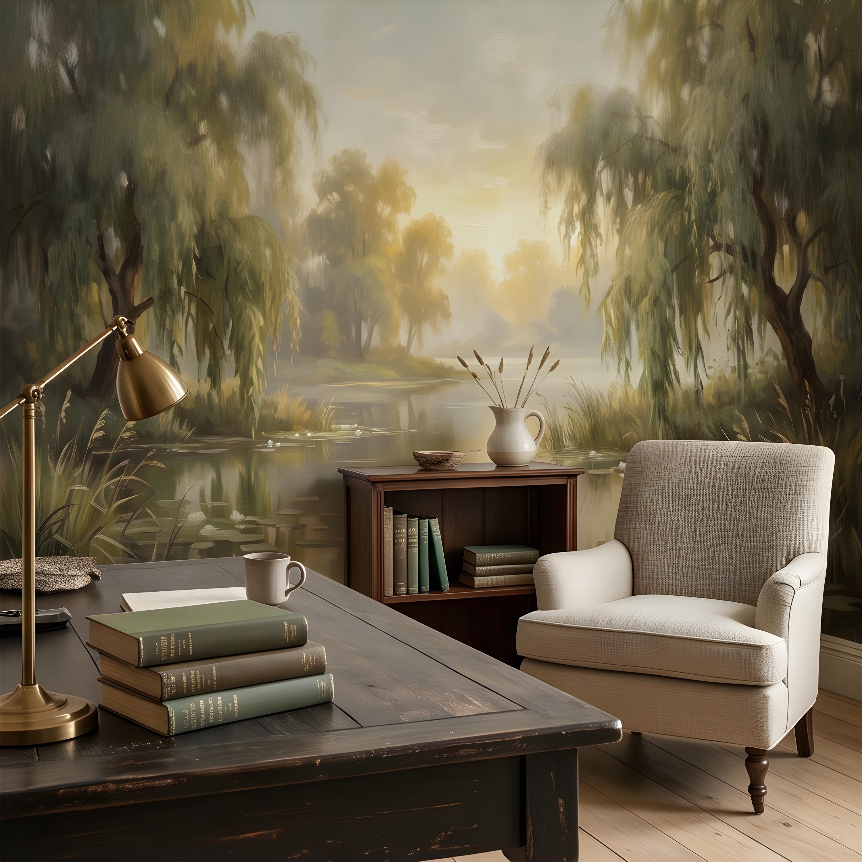 Willow Tree Landscape Peel and Stick Wall Mural, Tranquil Pond with Water Lilies, Impressionist Nature Painting Wallpaper