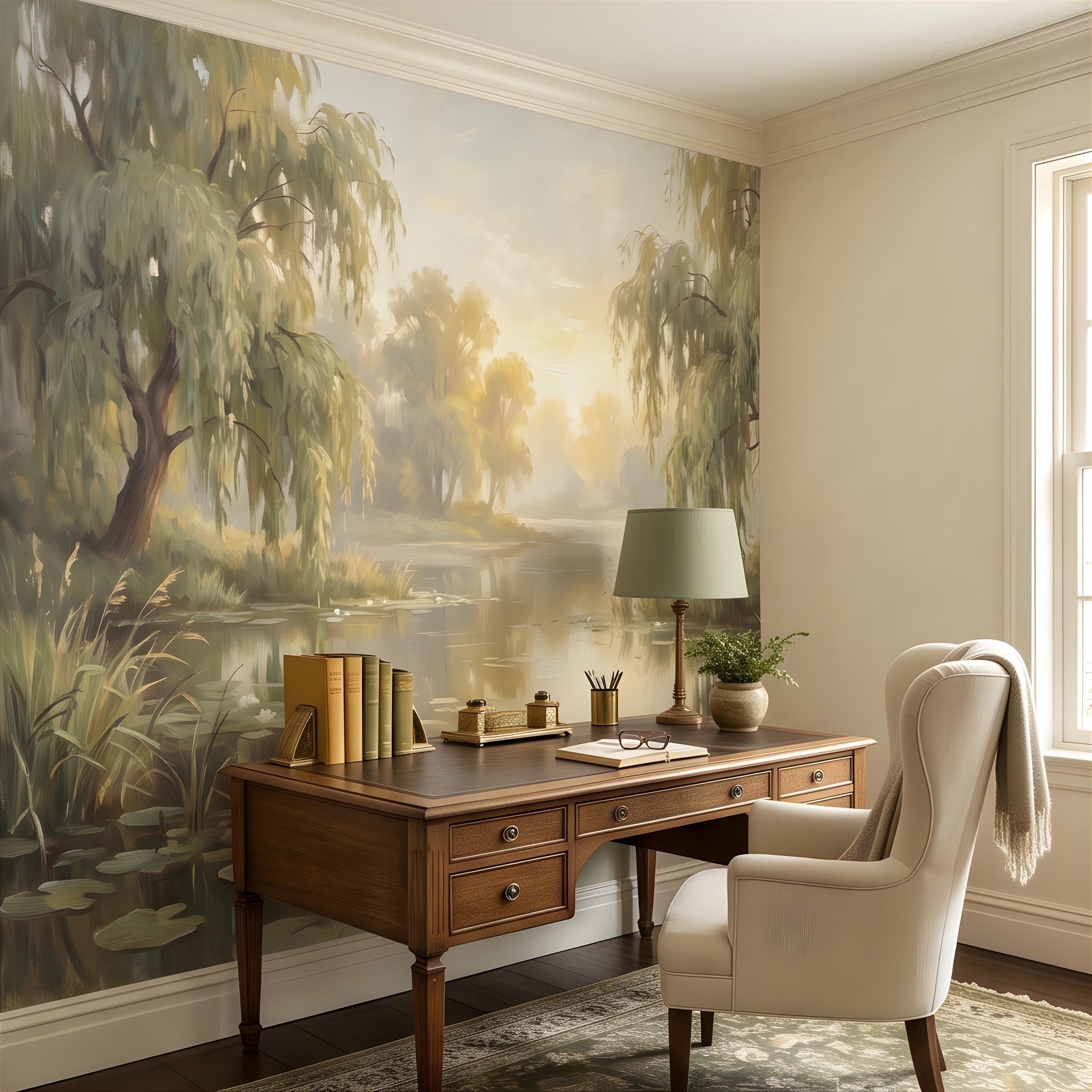 Willow Tree Landscape Peel and Stick Wall Mural, Tranquil Pond with Water Lilies, Impressionist Nature Painting Wallpaper
