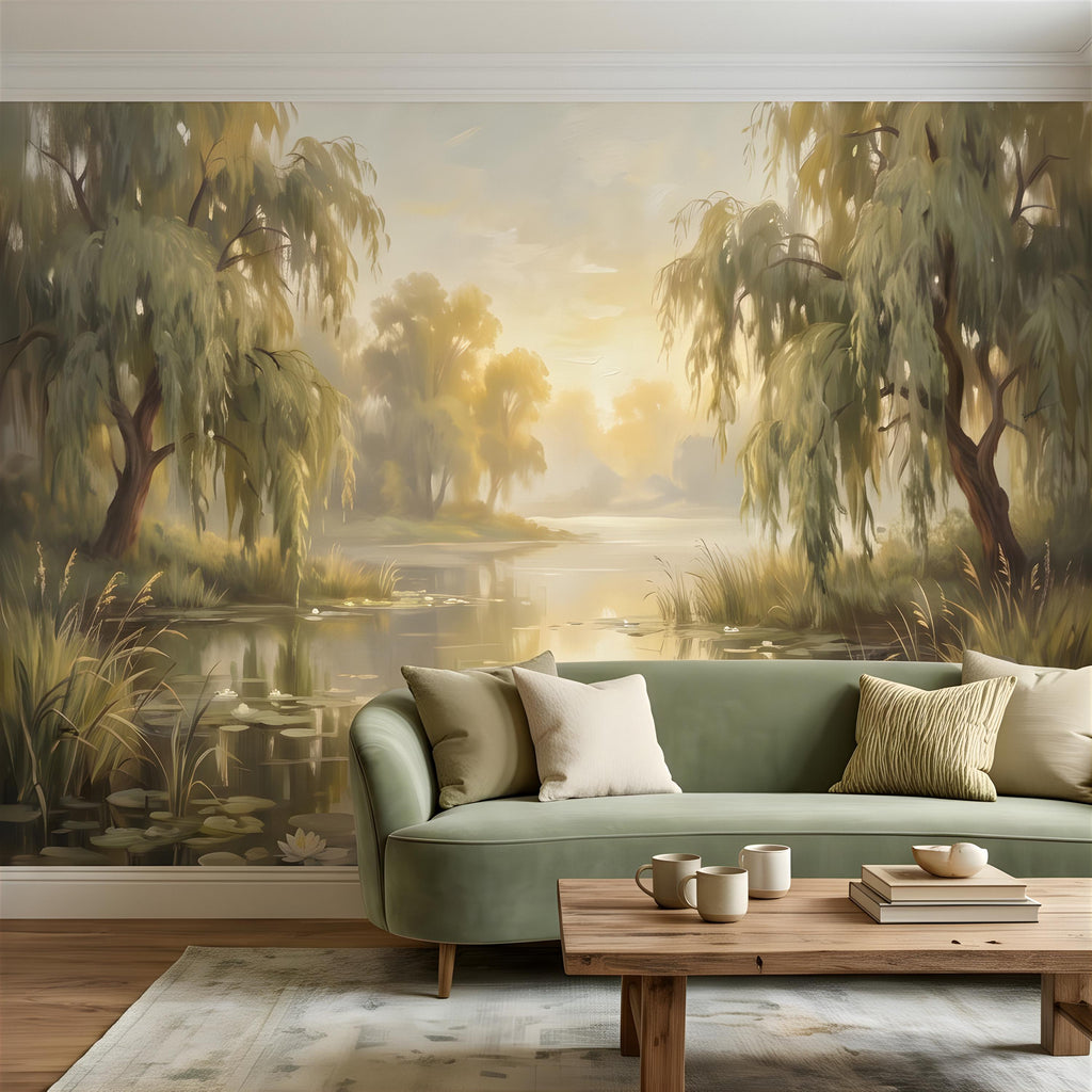 Willow Tree Landscape Peel and Stick Wall Mural, Tranquil Pond with Water Lilies, Impressionist Nature Painting Wallpaper