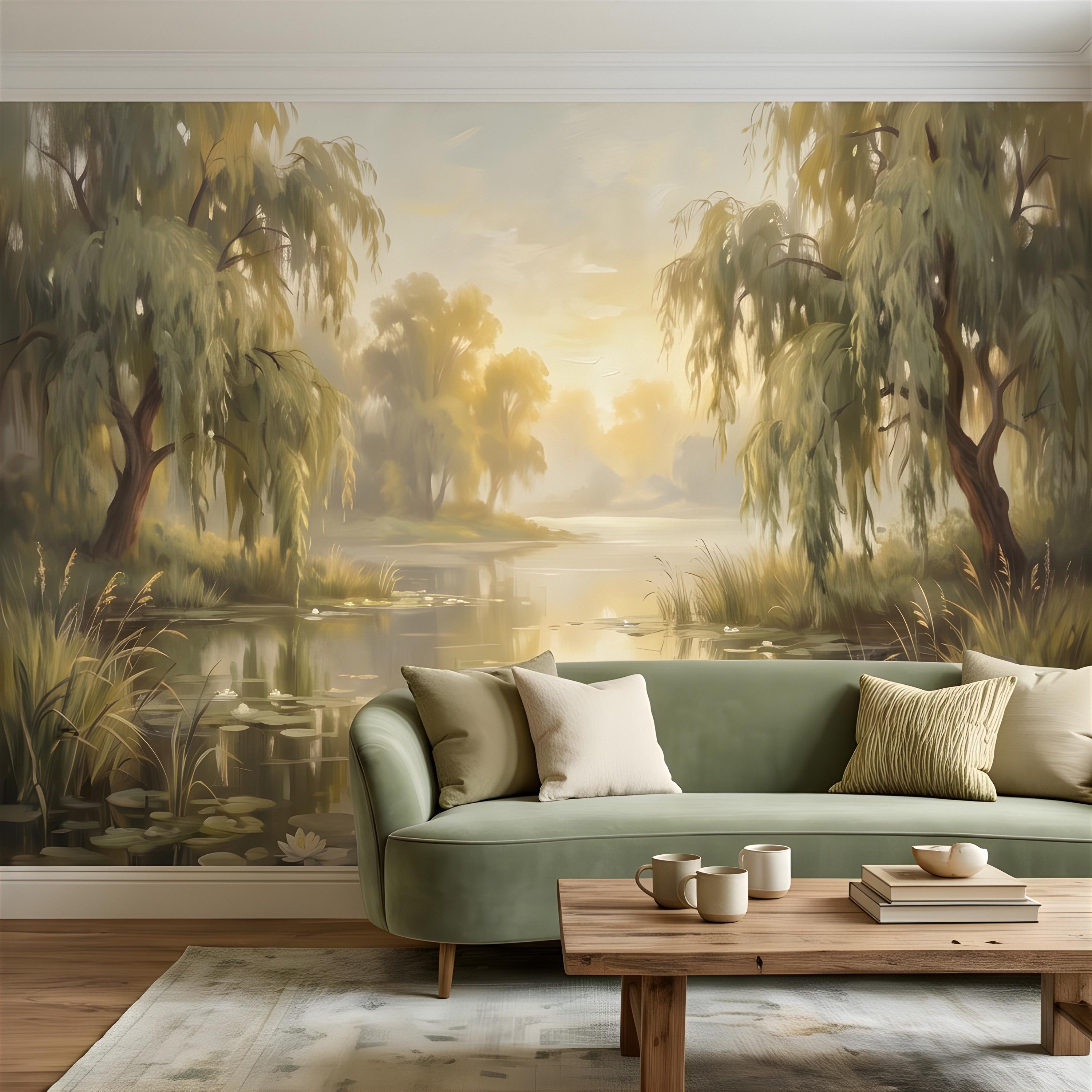 Willow Tree Landscape Peel and Stick Wall Mural, Tranquil Pond with Water Lilies, Impressionist Nature Painting Wallpaper
