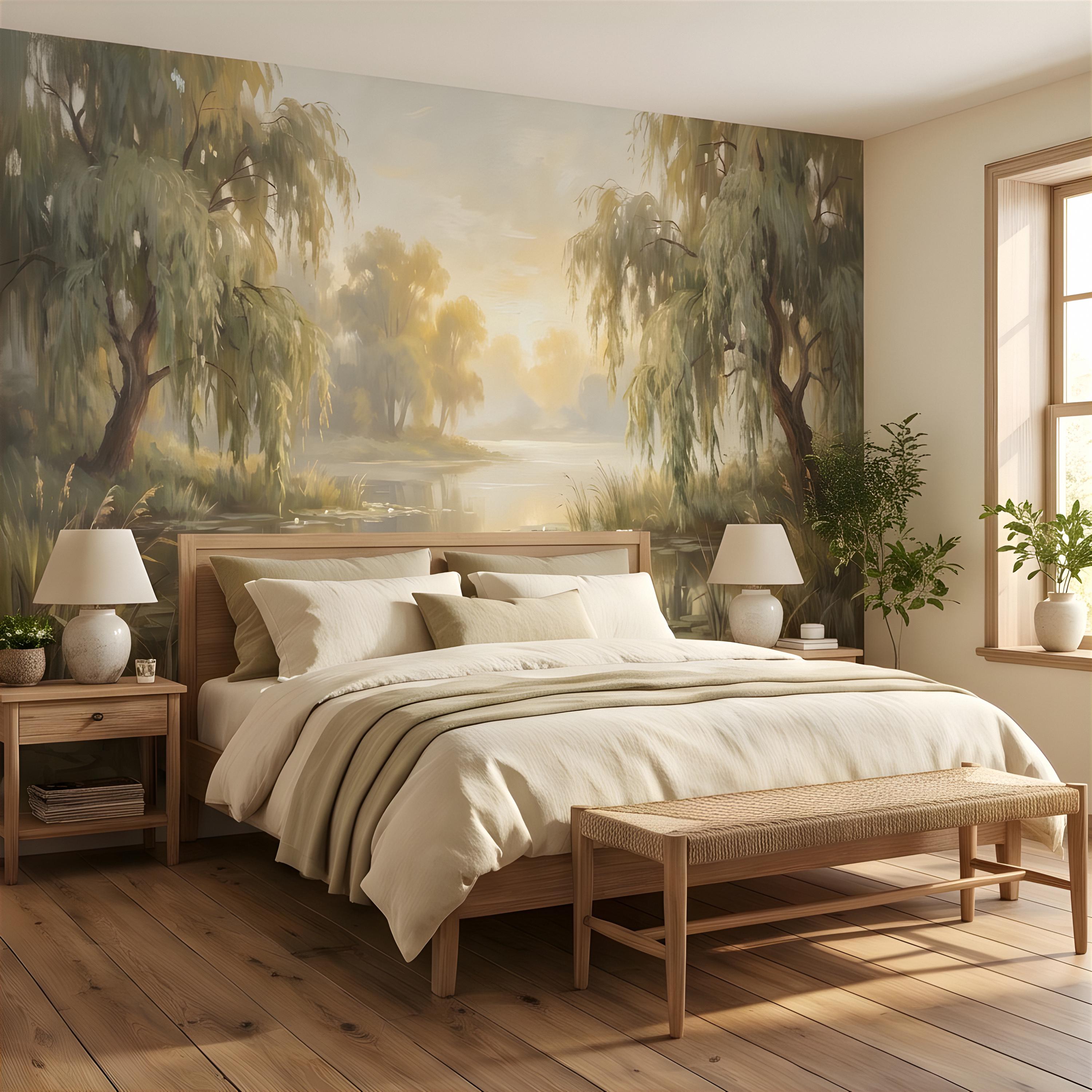 Willow Tree Landscape Peel and Stick Wall Mural, Tranquil Pond with Water Lilies, Impressionist Nature Painting Wallpaper