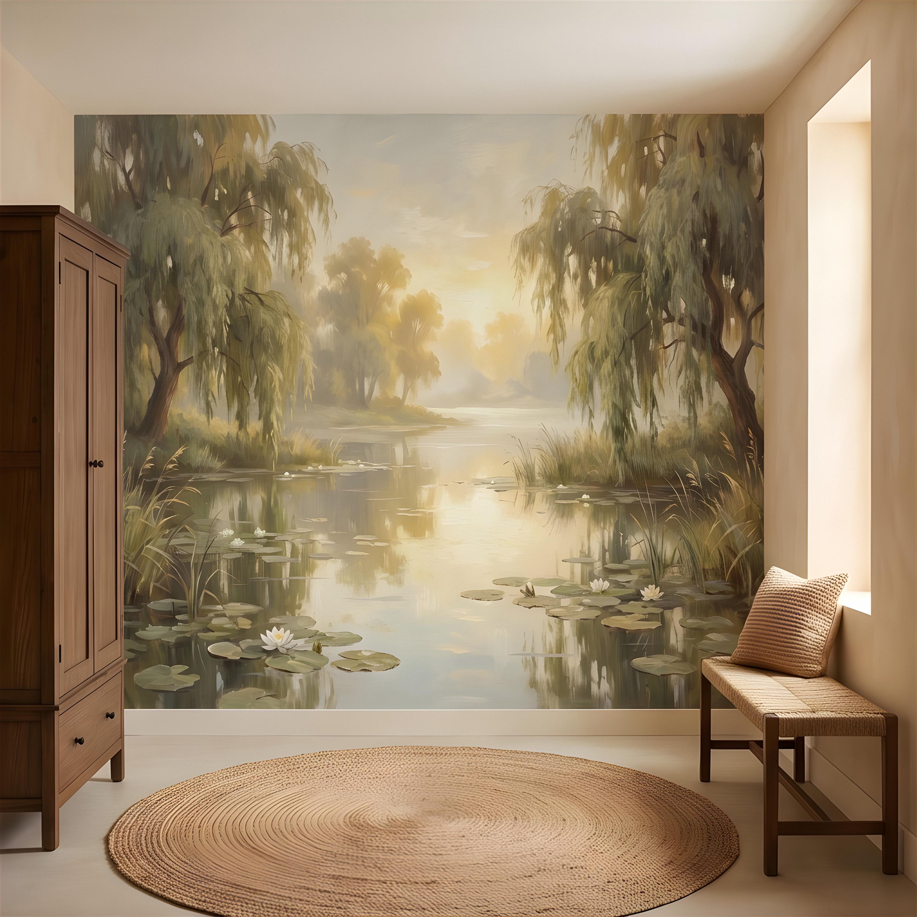 Willow Tree Landscape Peel and Stick Wall Mural, Tranquil Pond with Water Lilies, Impressionist Nature Painting Wallpaper