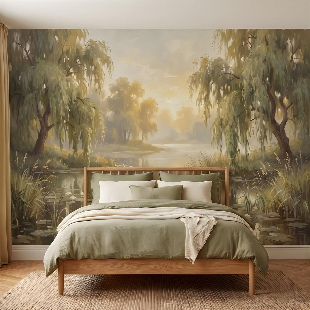 Willow Tree Landscape Peel and Stick Wall Mural, Tranquil Pond with Water Lilies, Impressionist Nature Painting Wallpaper