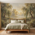 Willow Tree Landscape Peel and Stick Wall Mural, Tranquil Pond with Water Lilies, Impressionist Nature Painting Wallpaper