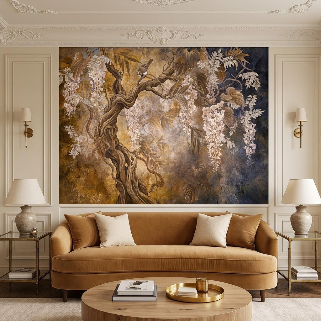 White Wisteria Tree Peel and Stick Wall Mural, Chinoiserie Botanical Art, Twisted Tree Branches Luxury Wallpaper