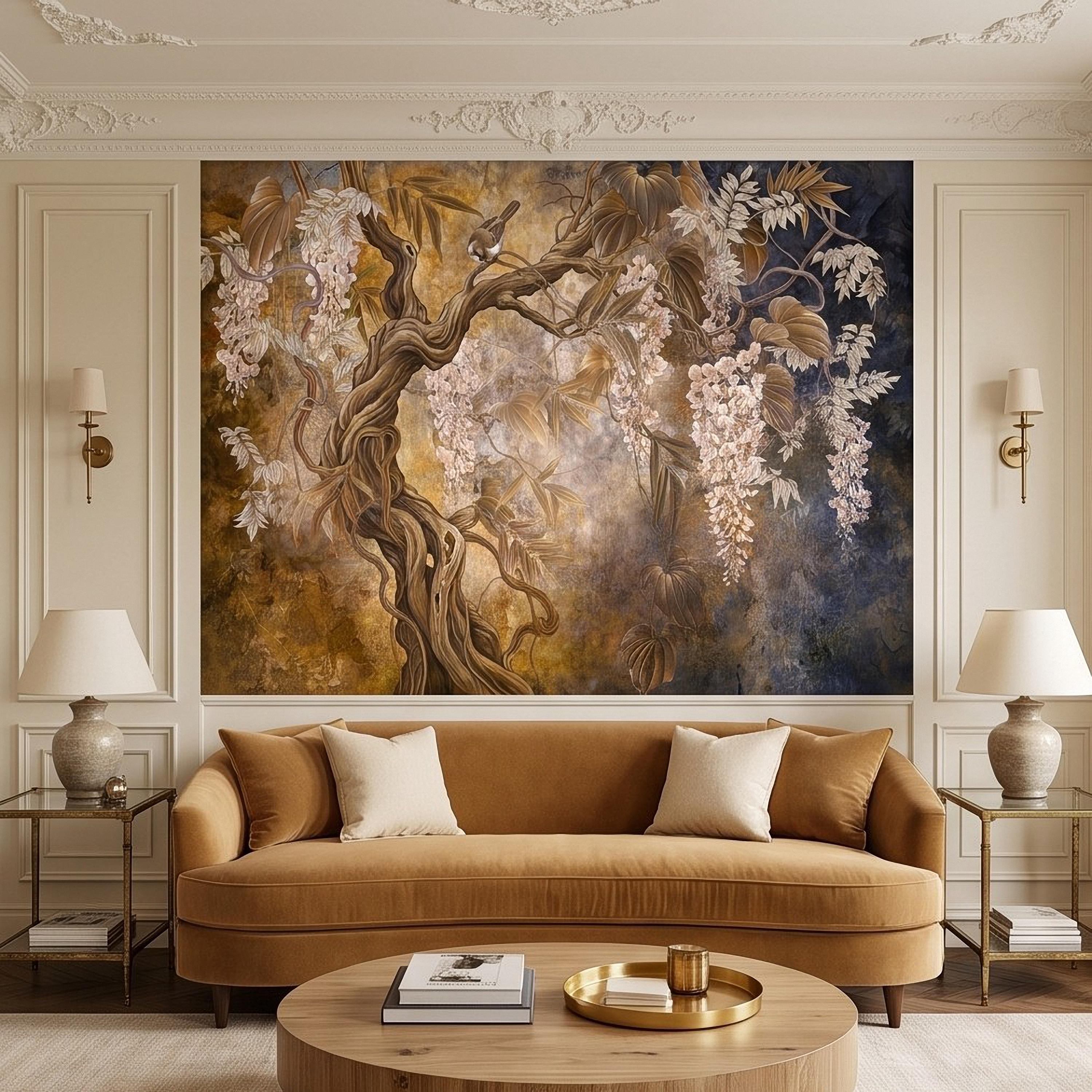 White Wisteria Tree Peel and Stick Wall Mural, Chinoiserie Botanical Art, Twisted Tree Branches Luxury Wallpaper