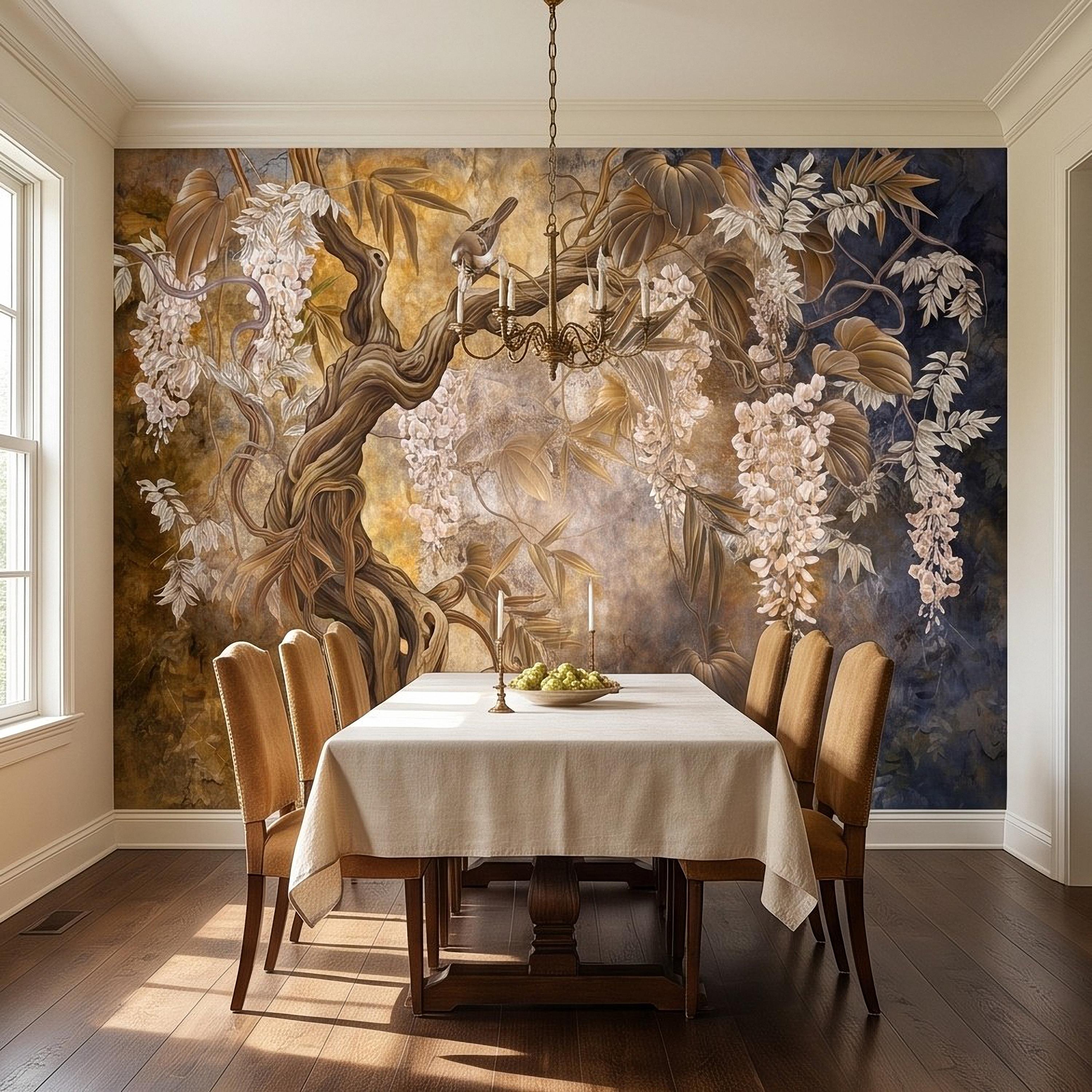 White Wisteria Tree Peel and Stick Wall Mural, Chinoiserie Botanical Art, Twisted Tree Branches Luxury Wallpaper