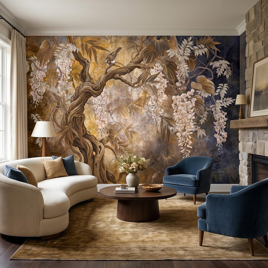 White Wisteria Tree Peel and Stick Wall Mural, Chinoiserie Botanical Art, Twisted Tree Branches Luxury Wallpaper