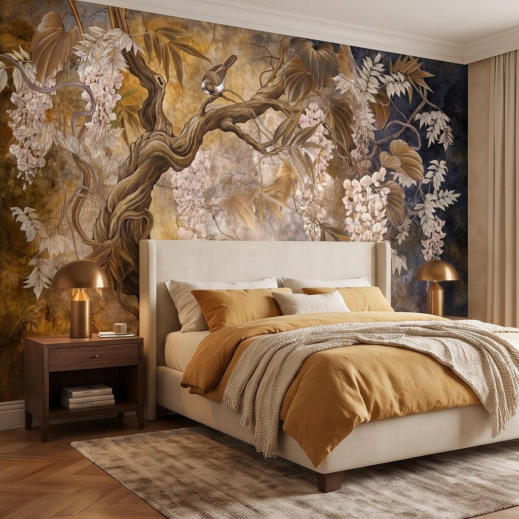 White Wisteria Tree Peel and Stick Wall Mural, Chinoiserie Botanical Art, Twisted Tree Branches Luxury Wallpaper
