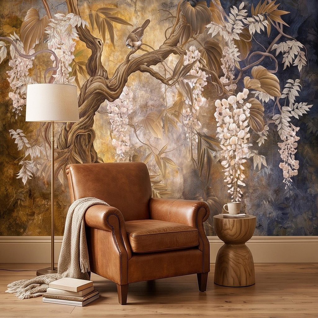 White Wisteria Tree Peel and Stick Wall Mural, Chinoiserie Botanical Art, Twisted Tree Branches Luxury Wallpaper