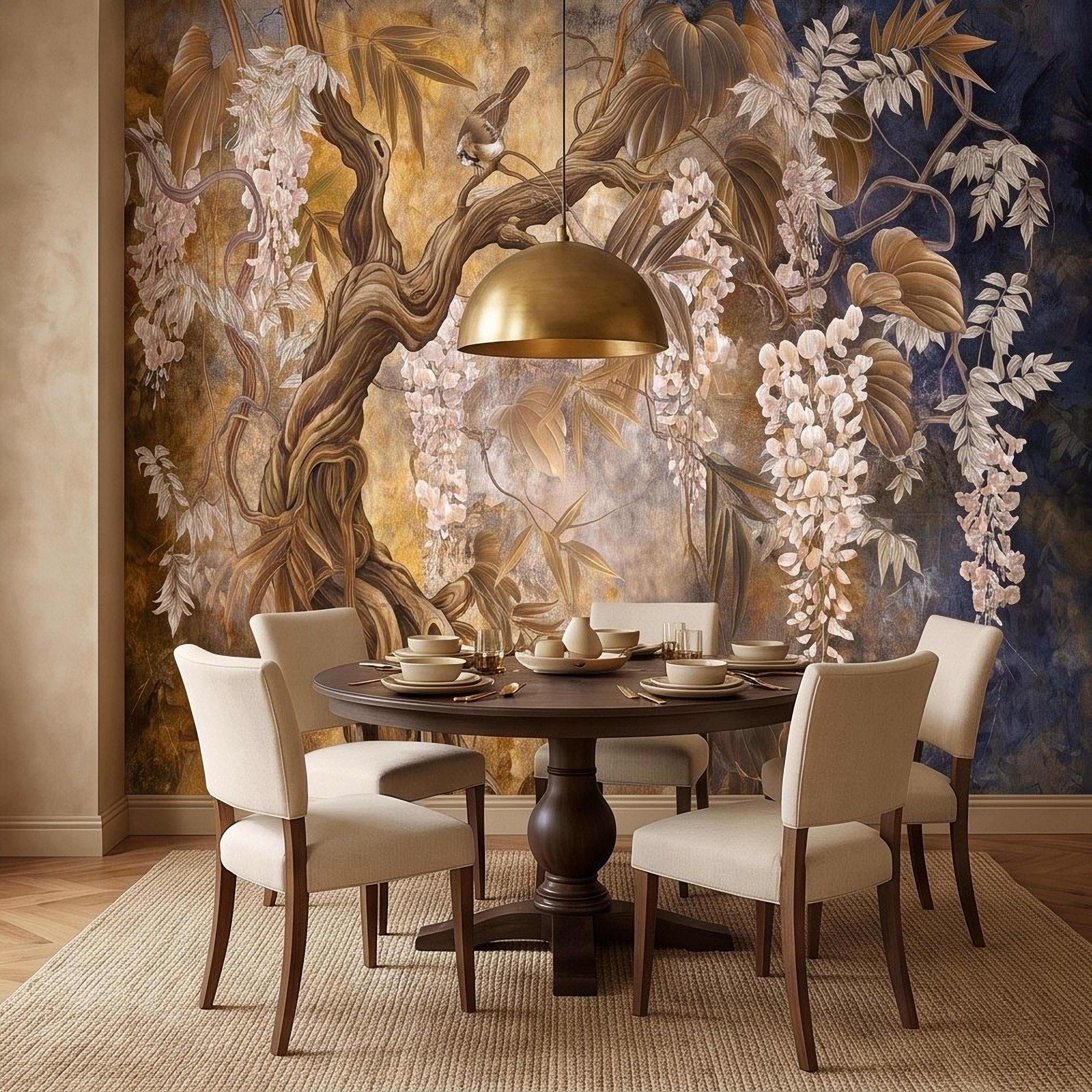 White Wisteria Tree Peel and Stick Wall Mural, Chinoiserie Botanical Art, Twisted Tree Branches Luxury Wallpaper