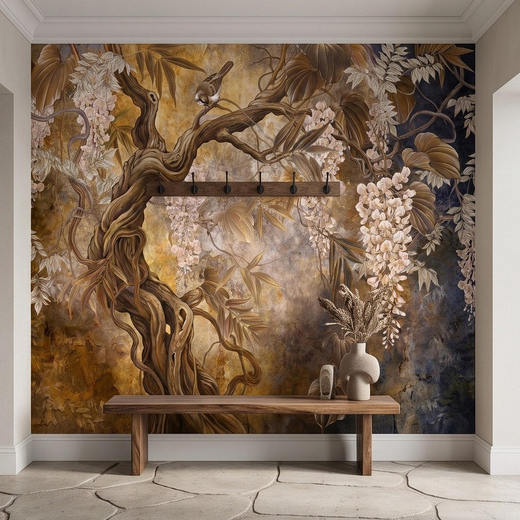 White Wisteria Tree Peel and Stick Wall Mural, Chinoiserie Botanical Art, Twisted Tree Branches Luxury Wallpaper