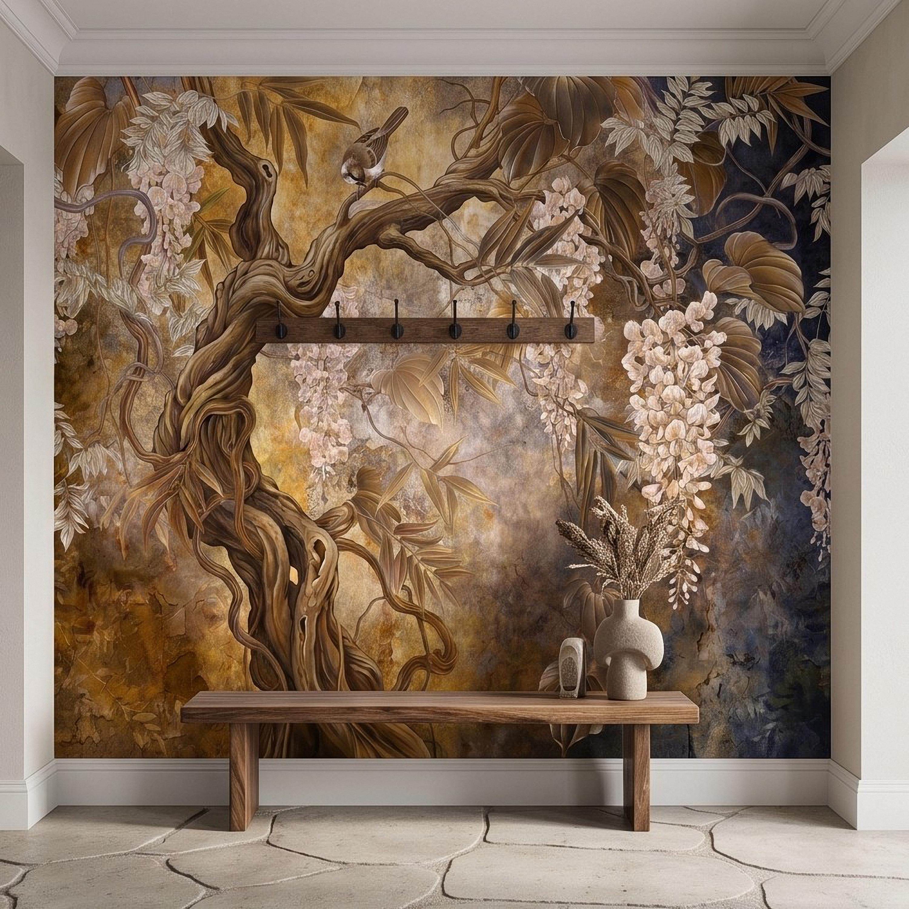 White Wisteria Tree Peel and Stick Wall Mural, Chinoiserie Botanical Art, Twisted Tree Branches Luxury Wallpaper