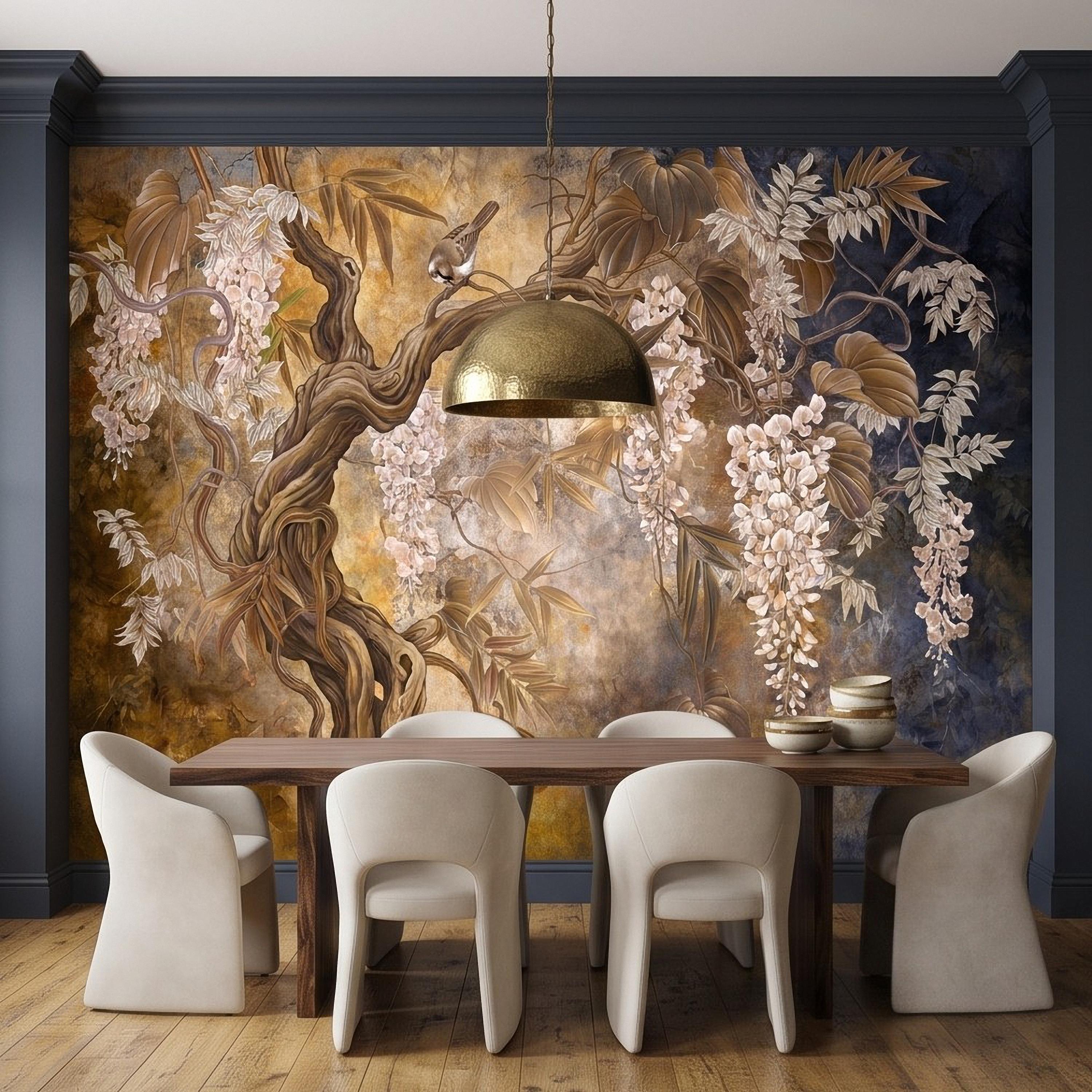 White Wisteria Tree Peel and Stick Wall Mural, Chinoiserie Botanical Art, Twisted Tree Branches Luxury Wallpaper