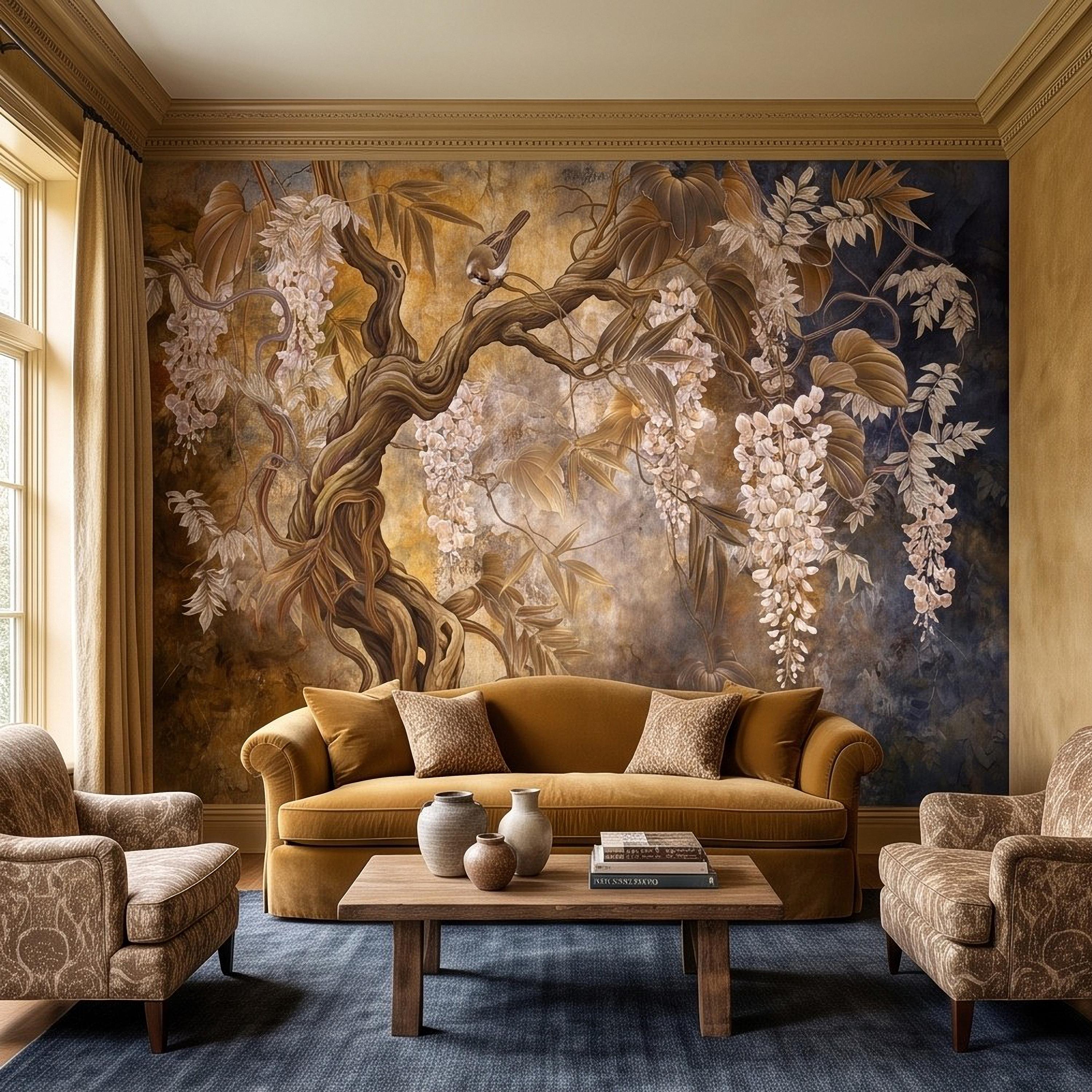 White Wisteria Tree Peel and Stick Wall Mural, Chinoiserie Botanical Art, Twisted Tree Branches Luxury Wallpaper
