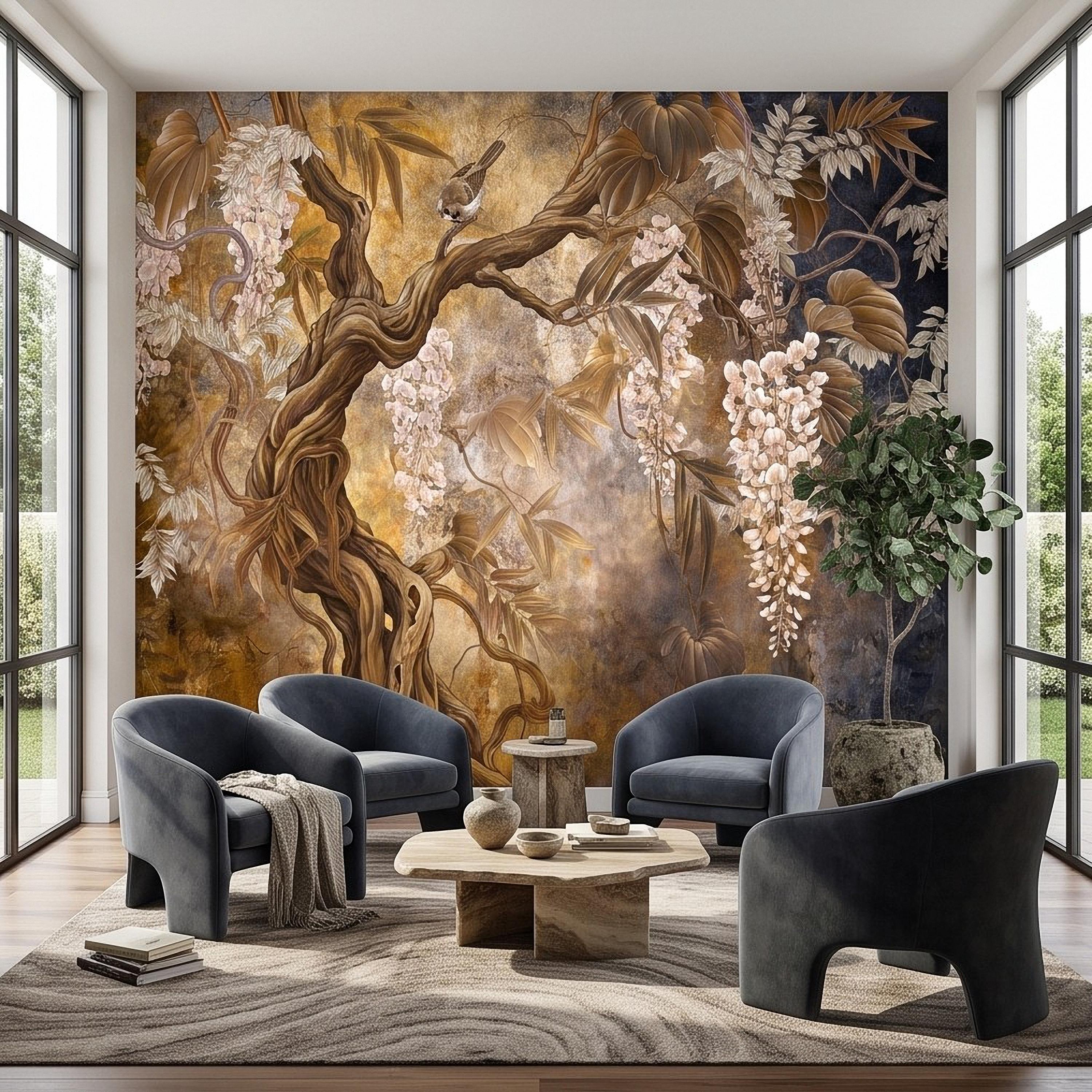 White Wisteria Tree Peel and Stick Wall Mural, Chinoiserie Botanical Art, Twisted Tree Branches Luxury Wallpaper