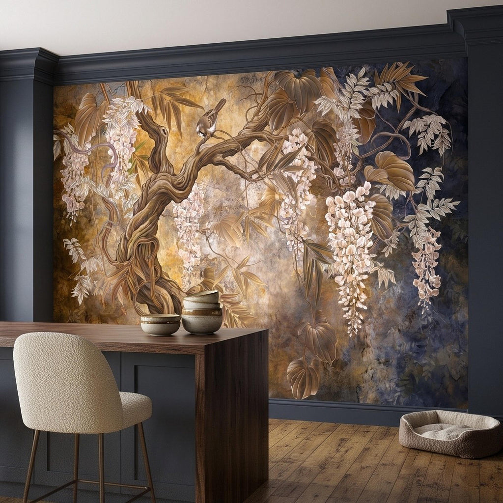 White Wisteria Tree Peel and Stick Wall Mural, Chinoiserie Botanical Art, Twisted Tree Branches Luxury Wallpaper
