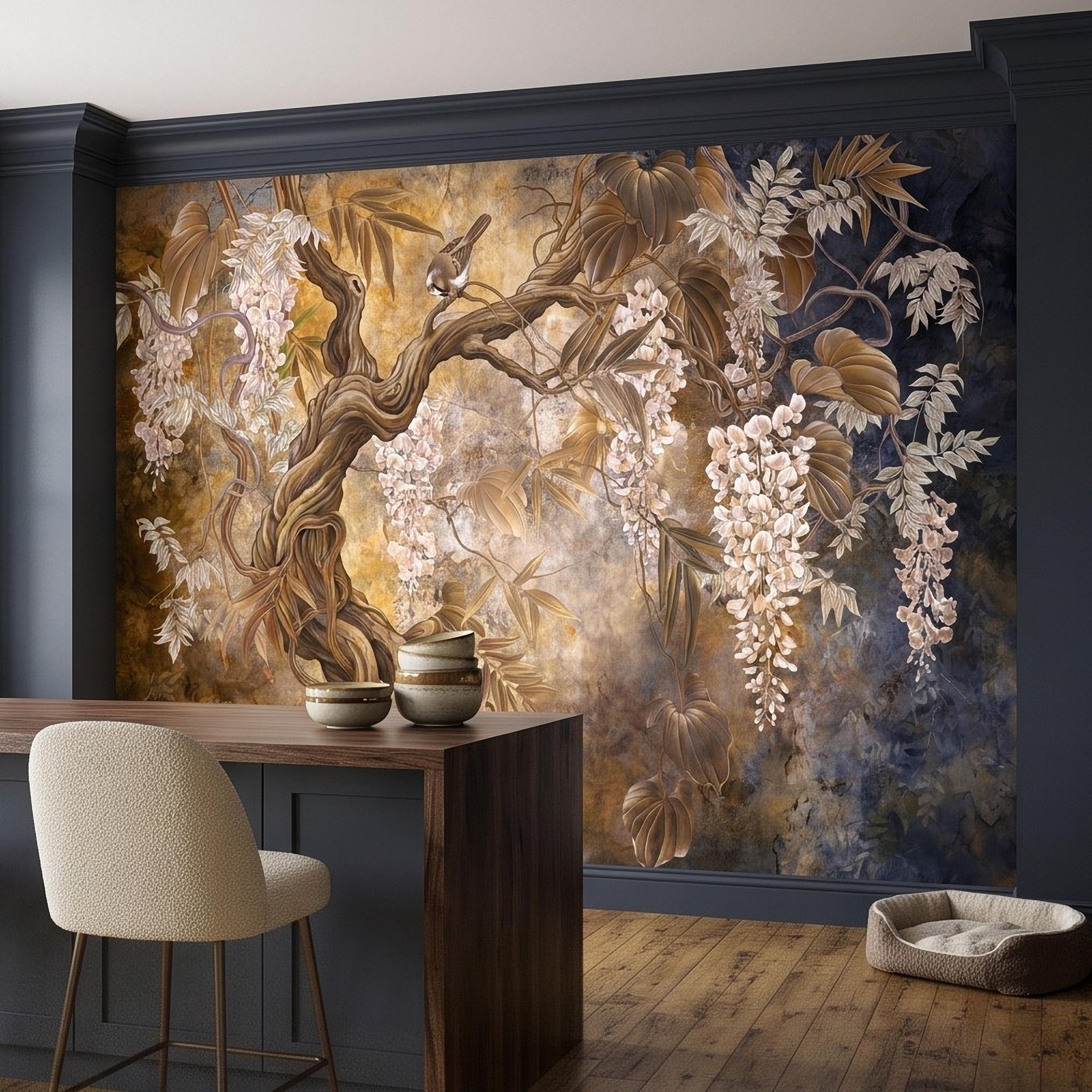 White Wisteria Tree Peel and Stick Wall Mural, Chinoiserie Botanical Art, Twisted Tree Branches Luxury Wallpaper