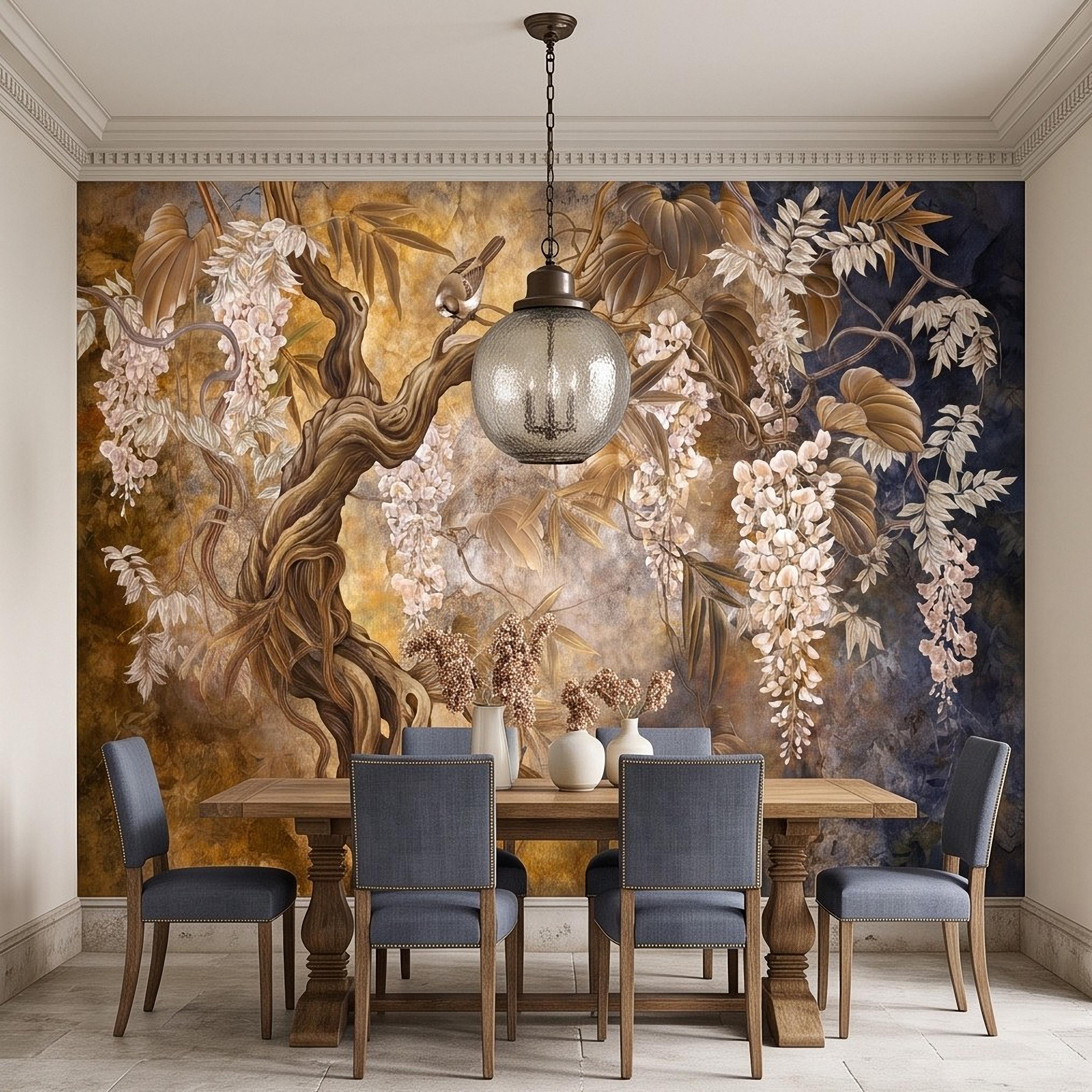 White Wisteria Tree Peel and Stick Wall Mural, Chinoiserie Botanical Art, Twisted Tree Branches Luxury Wallpaper